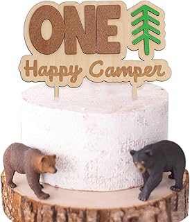 Happy Camper Wooden Cake Topper - Wood 1st Birthday Cake Topper, Woodland Decor, Lumberjack Cake Topper First Birthday Party Mountain Hiking Sage Green Decoraiton, Camping Birthday (Camper Topper)