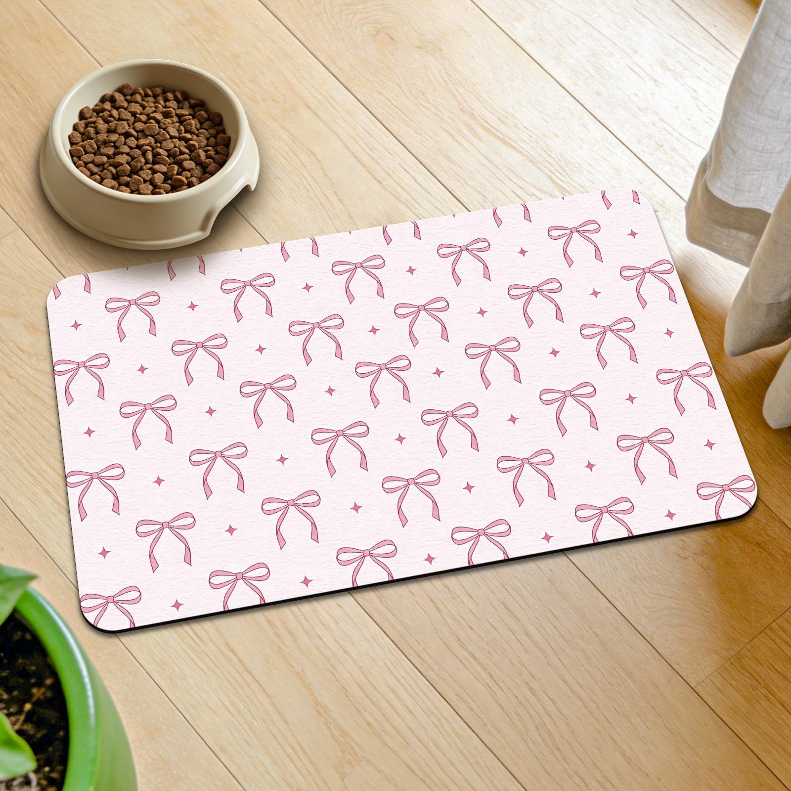 GLOBLELAND Pink Bow Pet Food Mat for Floors 11.8×20 inch Dogs Food Mats Absorbent Dog Bowl Mat Quick Dry Dog Cat Pet Placemats Pets Supplies for Water Dispenser