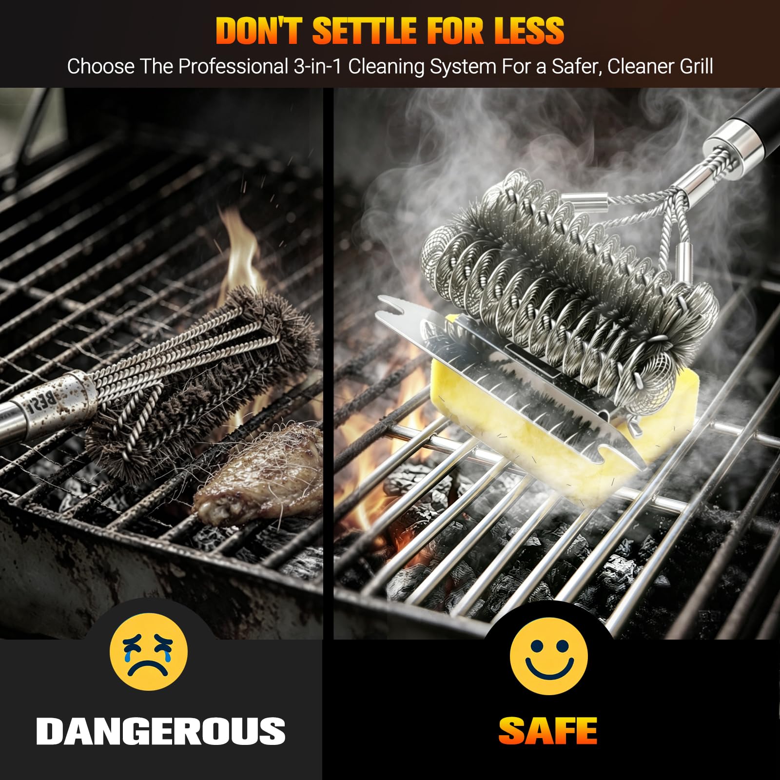 Spazzola magnetica 3 in 1 senza setole e raschietto con manico e blocco, 45,7 cm, rimovibile per barbecue per griglia, essenziale per barbecue estivo 2026, nero