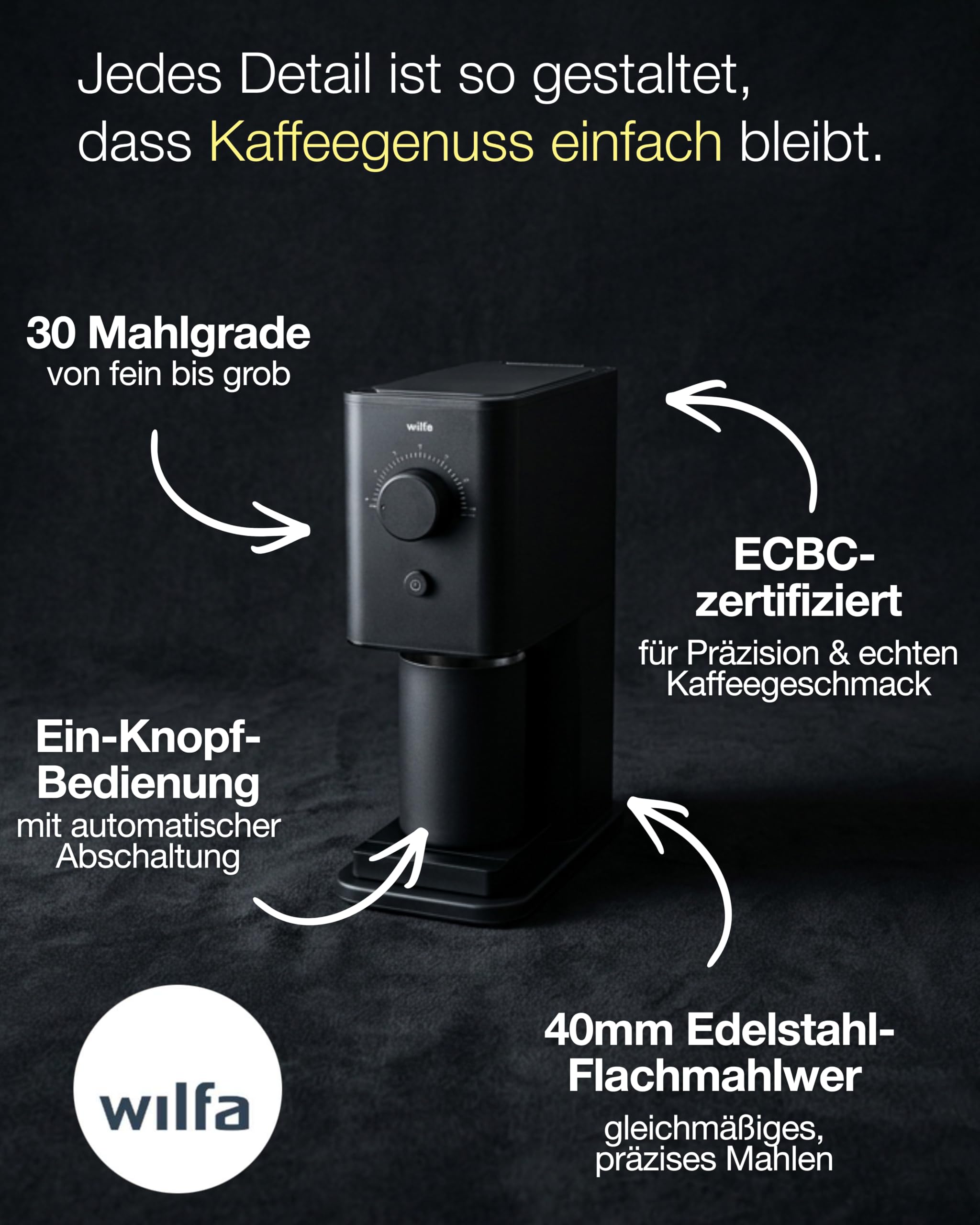 Wilfa Zense Alux Kaffeemühle elektrisch I 30 Mahlgrade für Espresso, Filterkaffee & French Press I 40 mm Edelstahl-Flachmahlwerk I Direkt in den Siebträger mahlen I Antistatik-System IAluminiumgehäuse