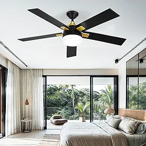 DWVO 5 Blade Ceiling Fan with Light and Remote, 52 Inch Modern Black and Gold Ceiling Fan, 6-Speed Quiet DC Motor, LED Tri-Color Temperature, Memory Function for Bedroom, Living Room, Patio