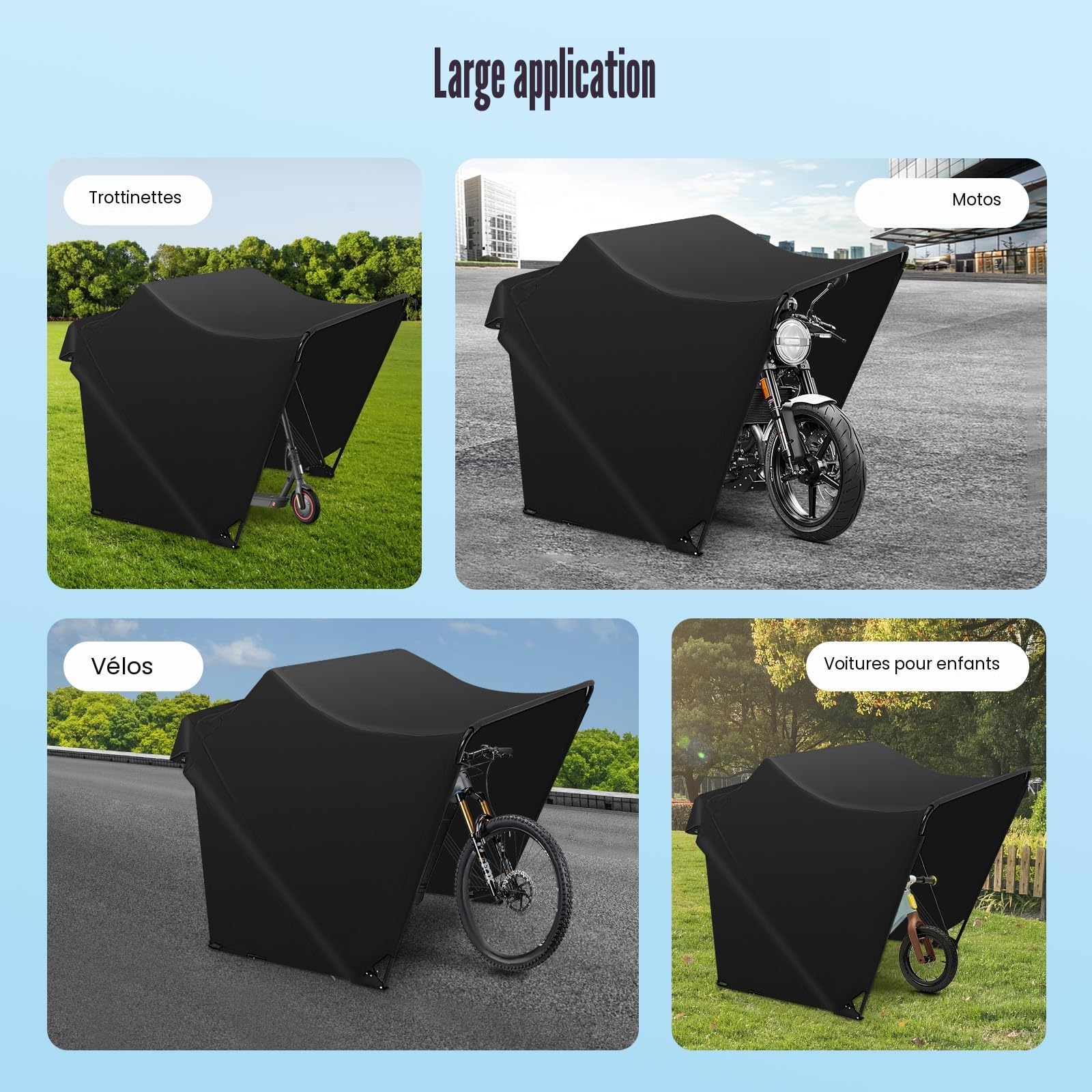 Bâche de protection pliable pour moto Shelter Storage étanche tente de stationnement moto Oxford 600D, garage debout bâche de protection avec sac de transport grand format 270 x 105 x 155 cm