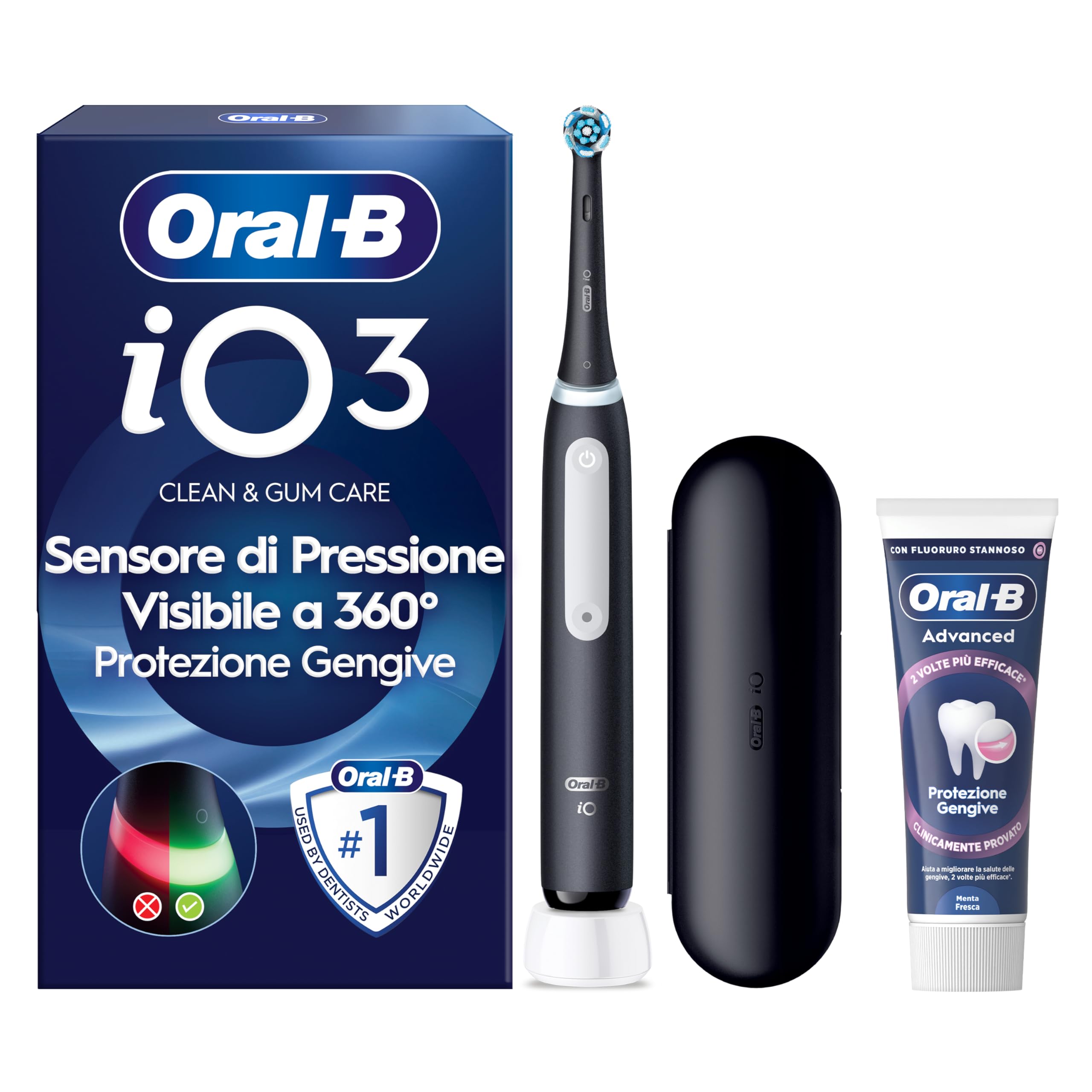 Oral-​B Spazzolino Elettrico Ricaricabile iO 3 Nero, 1 Spazzolino Elettrico, 1 Testina Di Ricambio, Custodia Da Viaggio + Dentifricio Oral-​B Advanced Protezione Gengive, Pulizia Denti Efficace