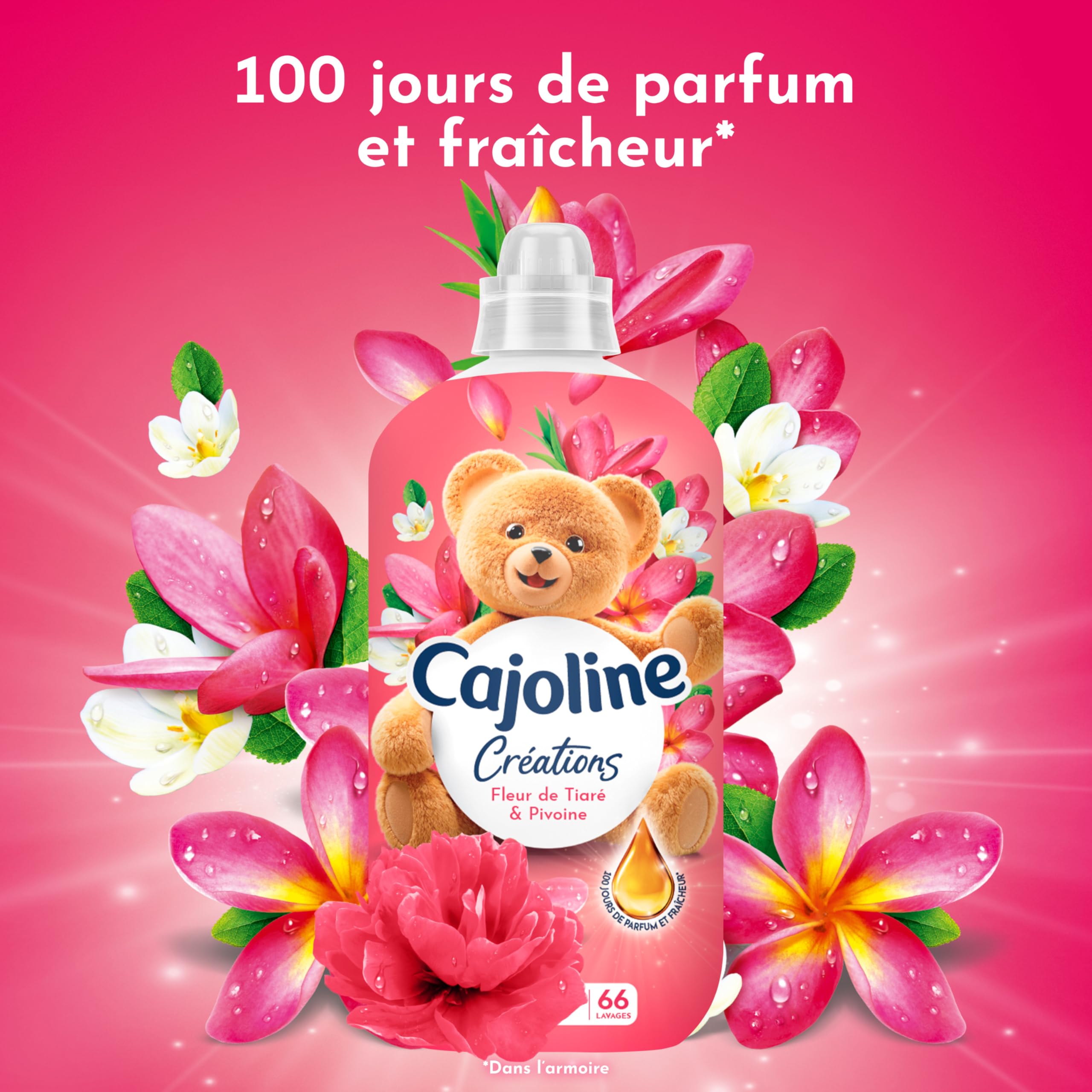 Cajoline Adoucissant linge liquide Fleur de la Tiaré & Pivoine Créations parfum et fraîcheur - 396 lavages -Lot de 6x66 lavages -1,386L