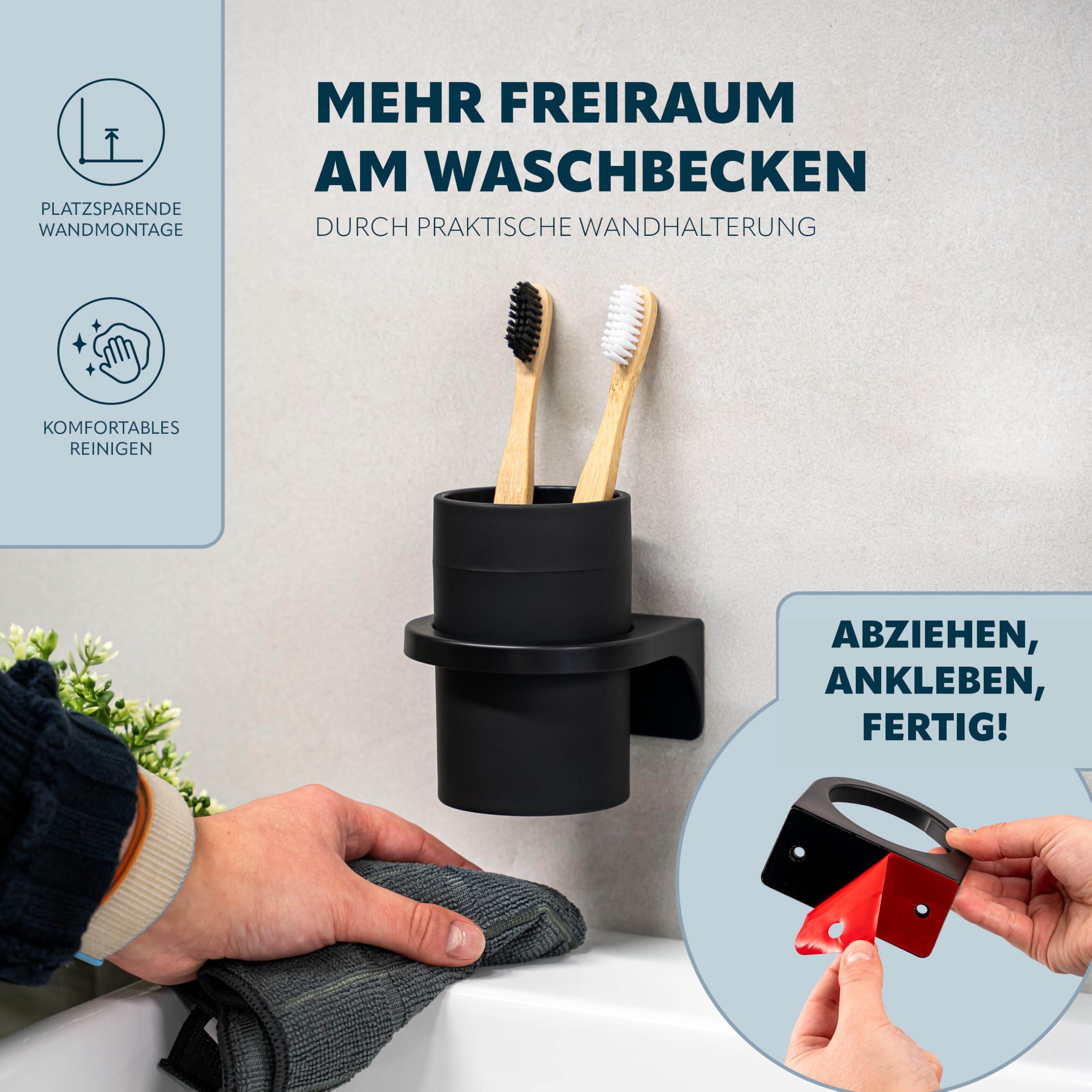 bremermann Badezimmer-Set Savona mit Soft-Touch Oberfläche inkl. Wandhalterung zum Kleben oder Bohren, rundes Bad-Accessoires Set 2tlg. aus 1x Seifenspender und 1x Becher aus Kunststoff (Schwarz)