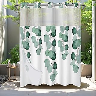 No Hook Shower Curtain with Snap in Liner and Mesh Window, Green Eucalyptus Leaves Shower Curtain Set for Bathroom Decor, Quick Install Without Removing Rod, 71x74 Inch