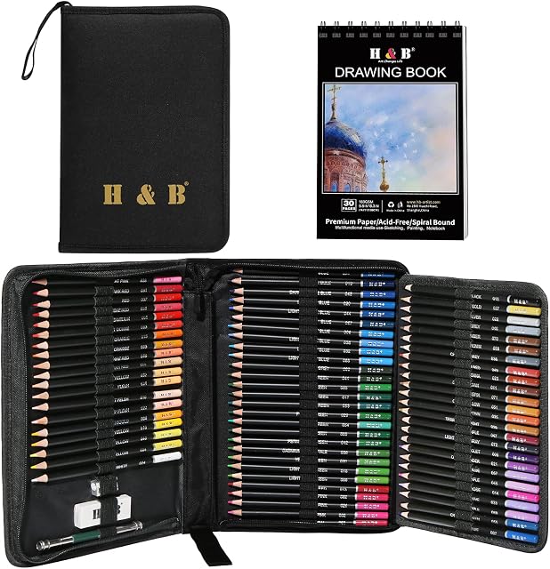H & B 76Pcs Artist Colouring Pencils Set Drawing Pencils Set Sketching Blending Art Pencils Coloured Pencils for Adults,Artists,Beginners Professional Art Supplies with Sketchbook