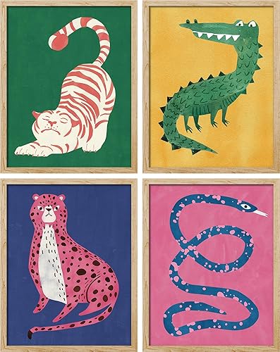 SIGNWIN Póster enmarcado gato rojo, cocodrilo verde, leopardo rosa, serpiente azul, arte moderno, realismo, animal decorativo, casa de campo para