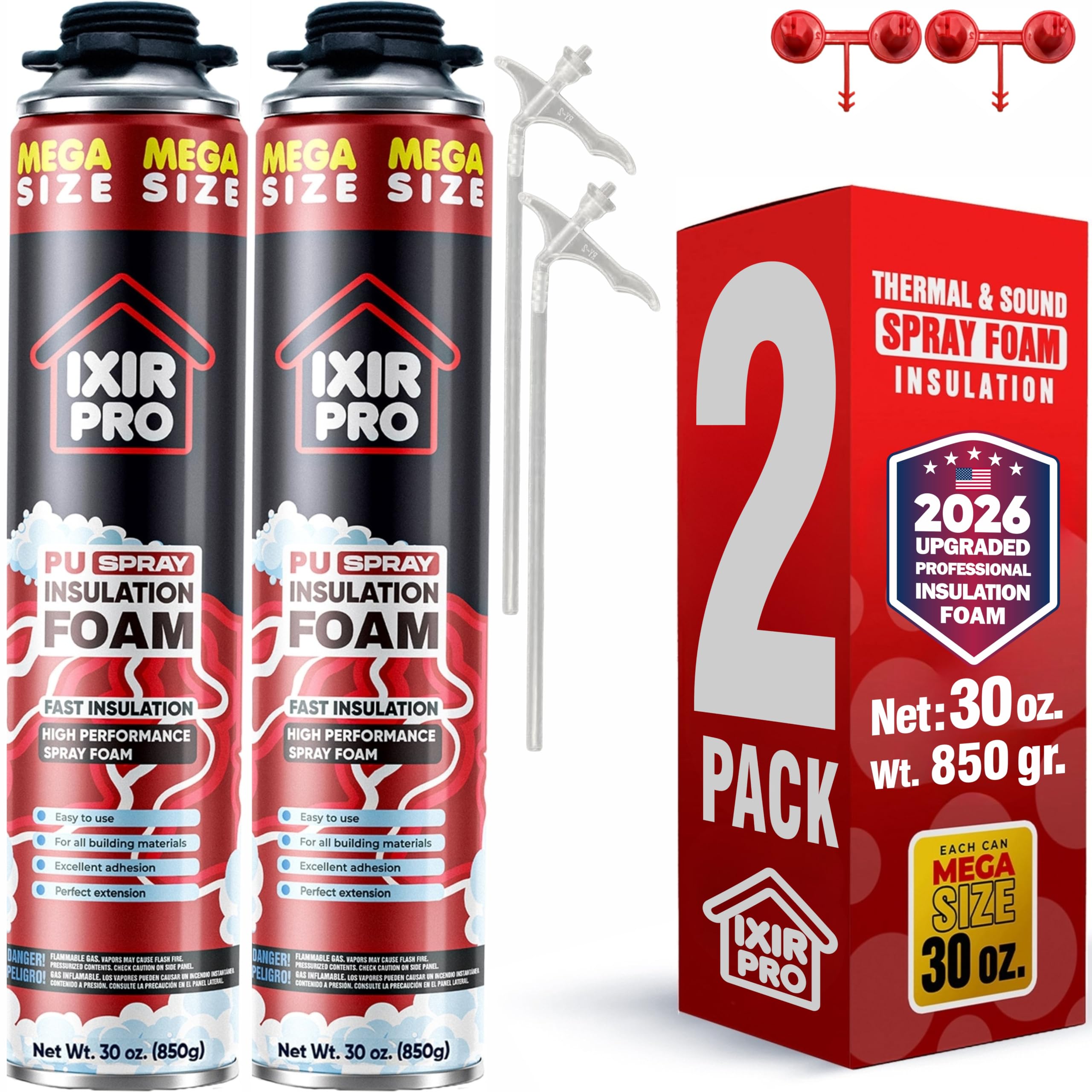 Spray Foam Insulation Can (2 x 30 oz. / 850 g, 46 Board ft/sq.ft) Expanding Sealant, Mega Size Closed Cell Spray Foam Insulation, High Density, Walls