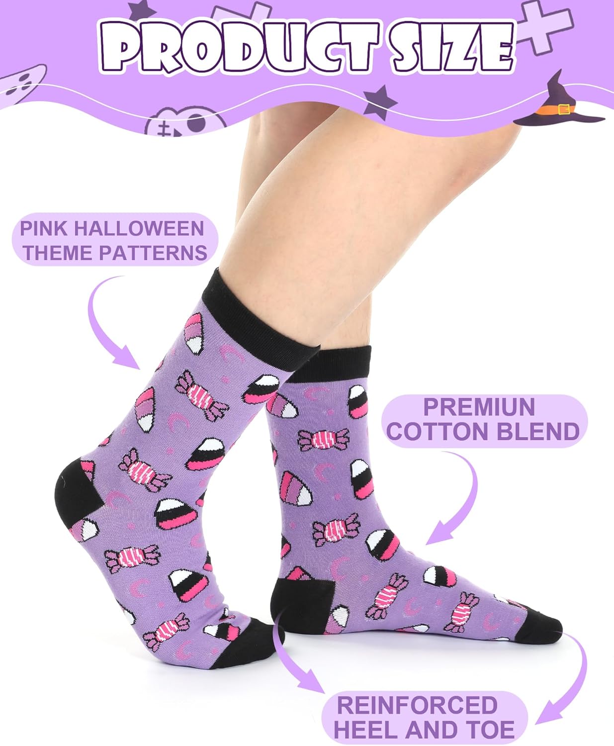 Patelai 10 Pairs Pink Halloween Socks for Women Girls Novelty Ghost Pumpkins Bats Cotton Crew Socks for Aesthetic Halloween Costume Cosplay Party Gift Favors - Image 2