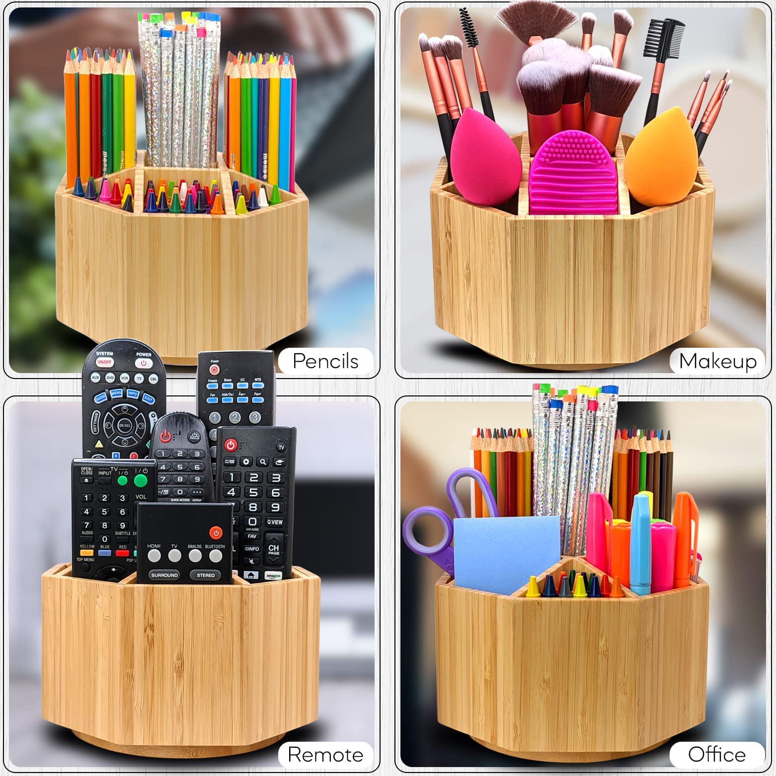 Bamboo Rotating Pencil Holder For Desk, Pen Holder w/ 9 compartments