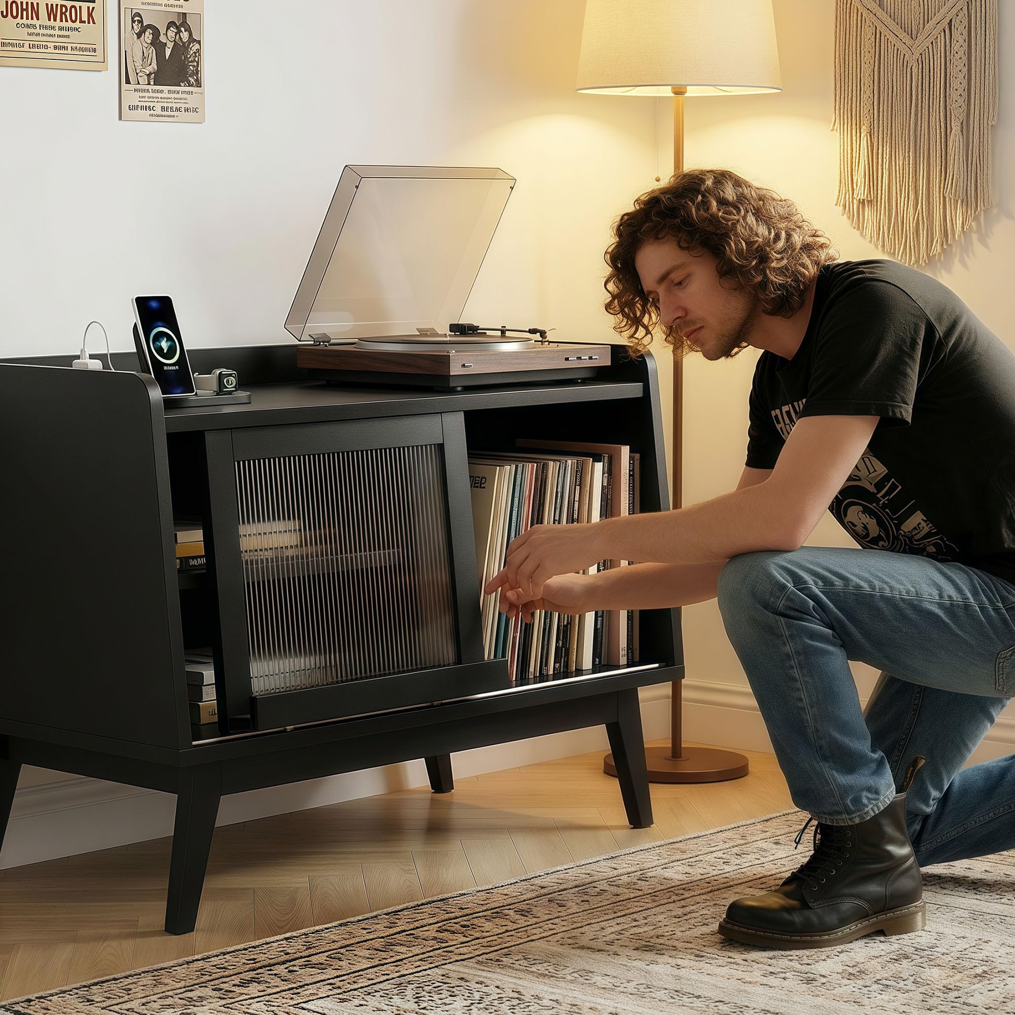 FEONASE Support de tourne-disque, avec prise de courant et porte coulissante en verre, table de tourne-disque en bois pouvant contenir plus de 200 albums avec espace de rangement ouvert, support