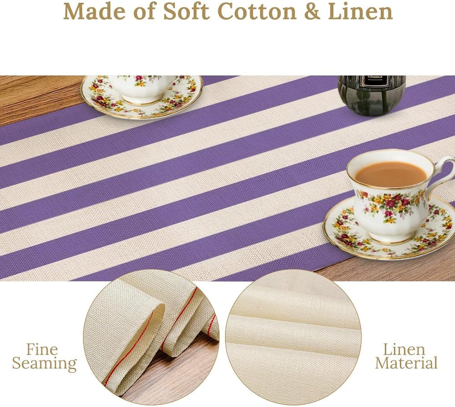 Purple White Striped Table Runner Simple Vertical Stripe Pattern Decor for Wedding Kids Party Dinner Festival Farmhouse Home Kitchen Dining Room, 13x120in