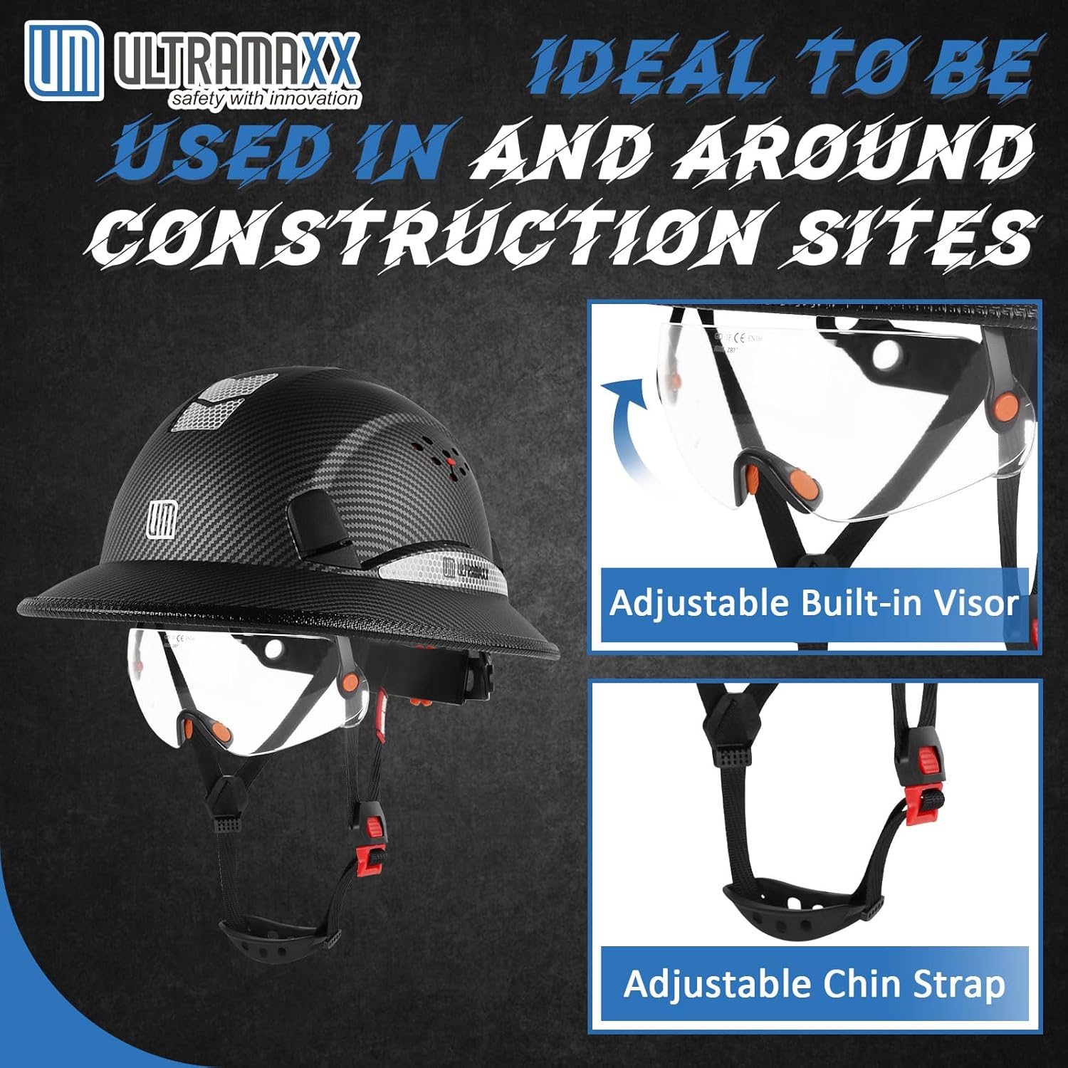 Full Brim Hard Hat with Built-in Visor, ANSI Z89.1 OSHA Approved Construction Safety Helmet with Chin Strap for Men Women - Image 4
