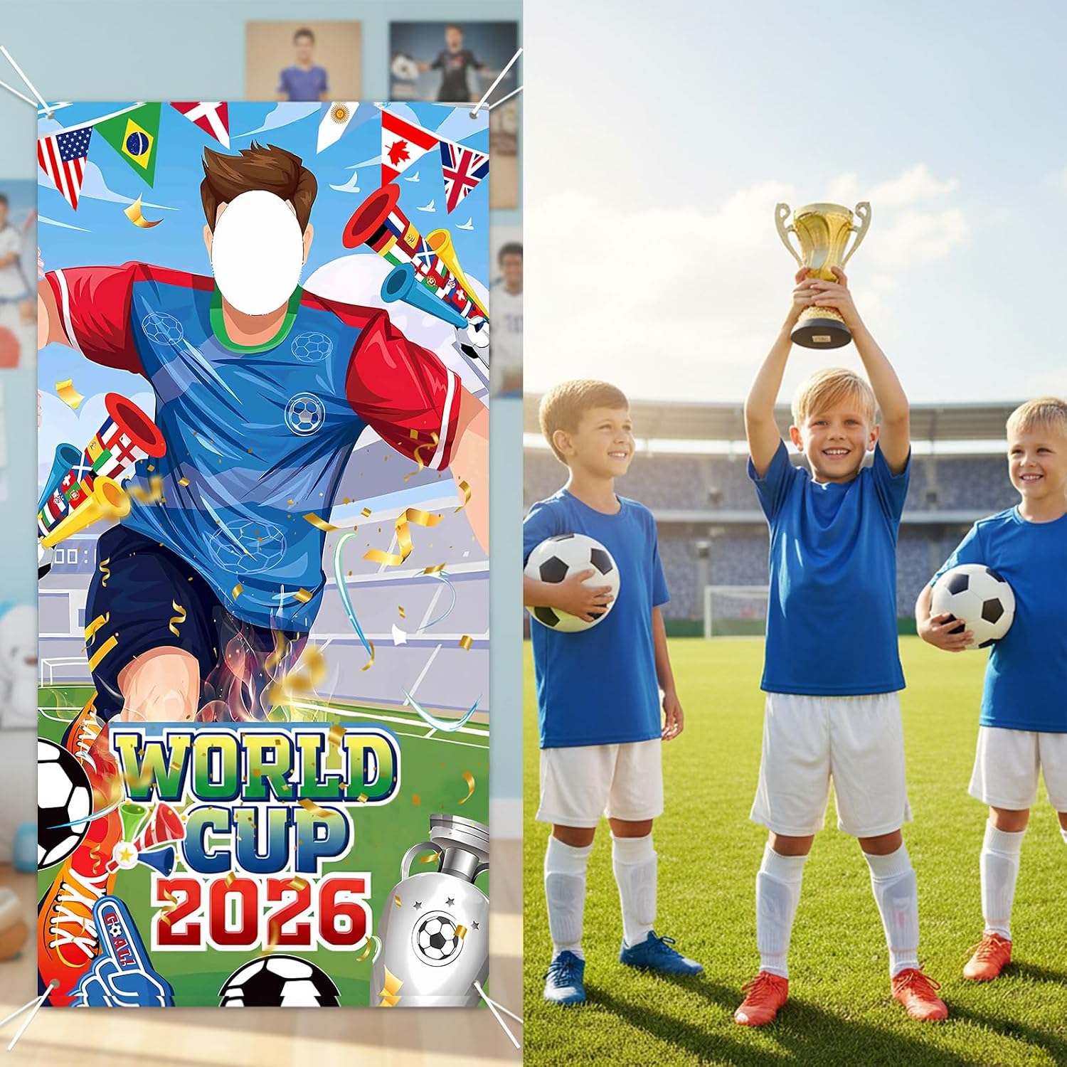 World Cup Photo Banner 71x35 Inches 2026 Soccer Player Cutout Backdrop with Face Hole for Soccer Party Decorations Soccer Photo Booth Props Gift and Soccer Party Backdrop