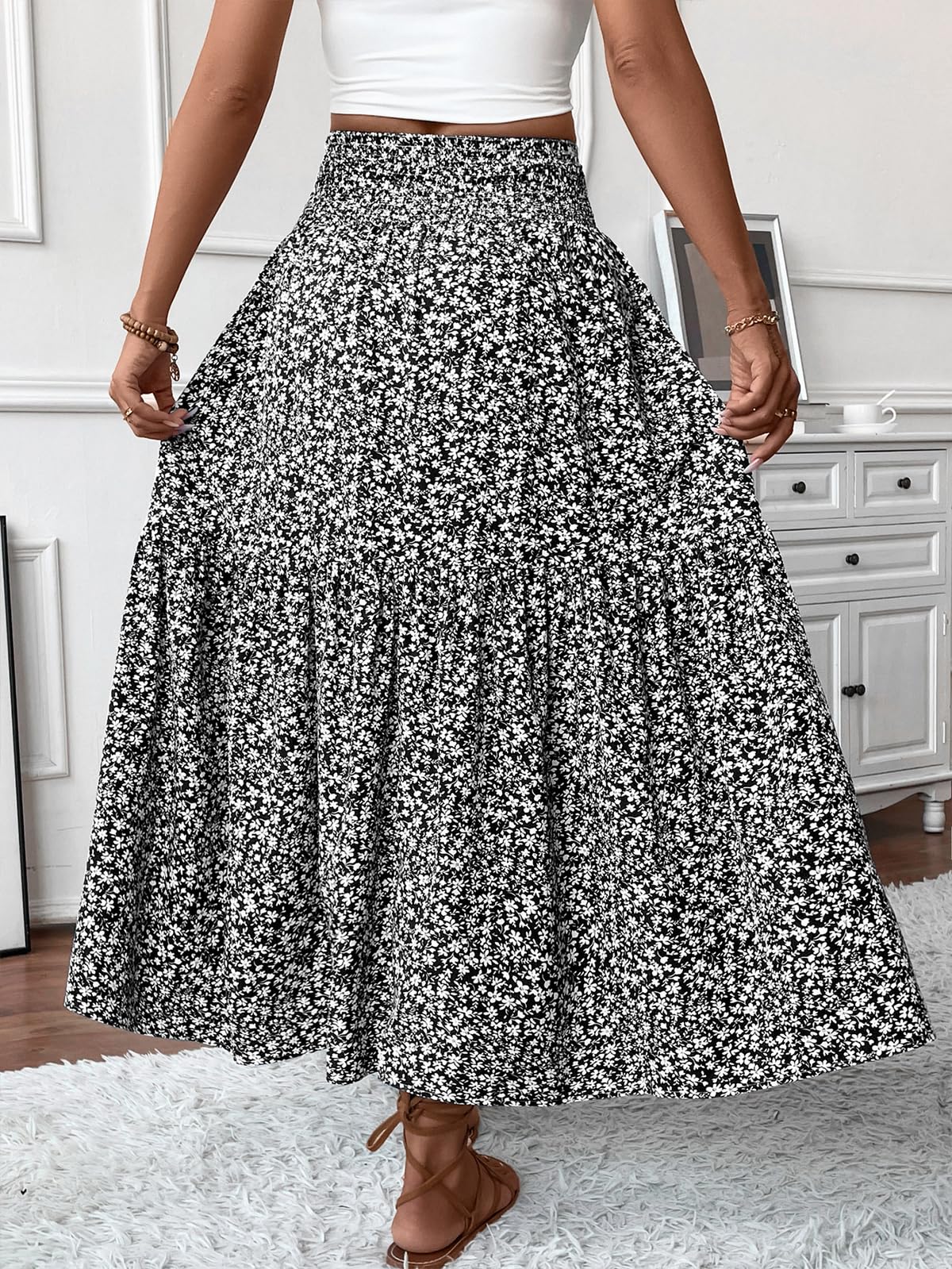 LIAMERHE Jupe Longue Femme d'été Maxi Jupe Bohème Ligne A Taille Haute Élastique Jupes Imprimé Jupe de Plage Jupe de Loisirs Décontractée Chic Taille Unique