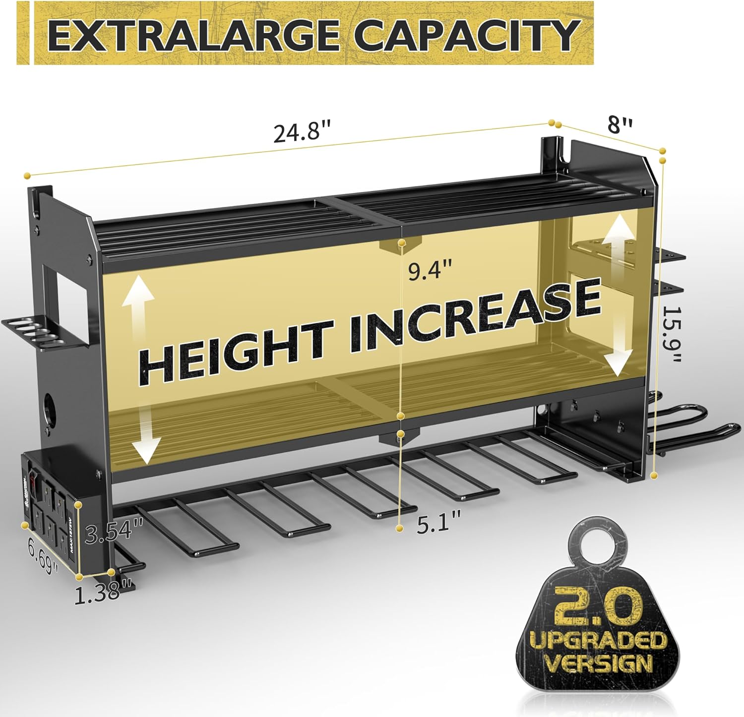 Power Tool Organizer Wall Mount with Charging Station, Cordless Drill and Battery Holder Shelf for Garage Organization,Heavy Duty Metal Tool Rack Storage, Load 300lbs, Built in 5 Outlet Power Strip