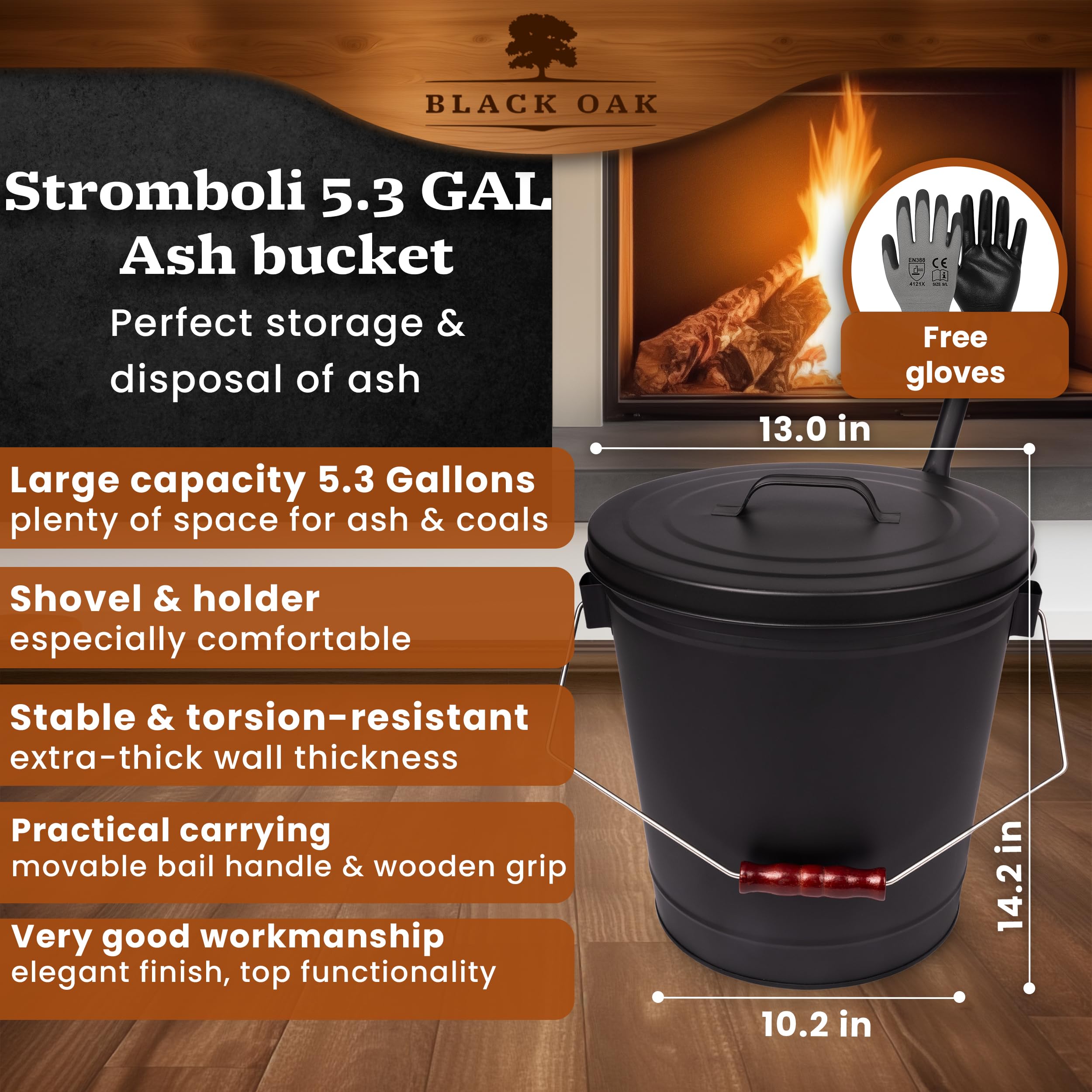 BLACK OAK Secchio per cenere Stromboli 5.3 GAL - Nero con coperchio, pala e guanti - Manico argento - Grande 20L, Acciaio zincato ignifugo e verniciato a polvere, cenere e carbone, camino, stufa in
