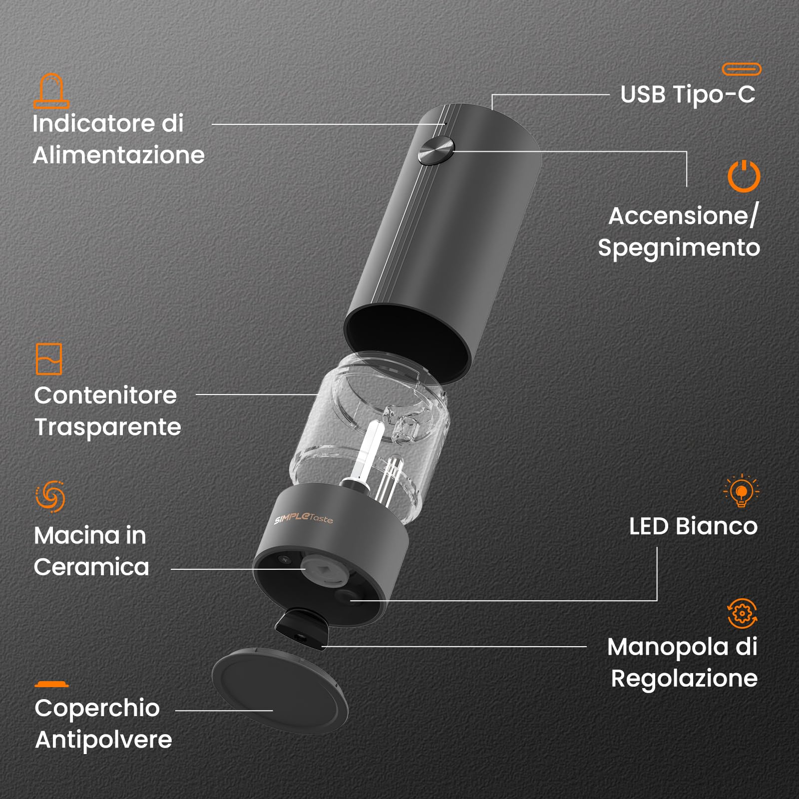 SIMPLETASTE Macina Sale e Pepe Elettrico Ricaricabile con Luce LED e Coperchio Antipolvere, Macinino Automatico con Grana Regolabile, Uso con una Mano, Ideale per Cucina, Tavola e Regalo