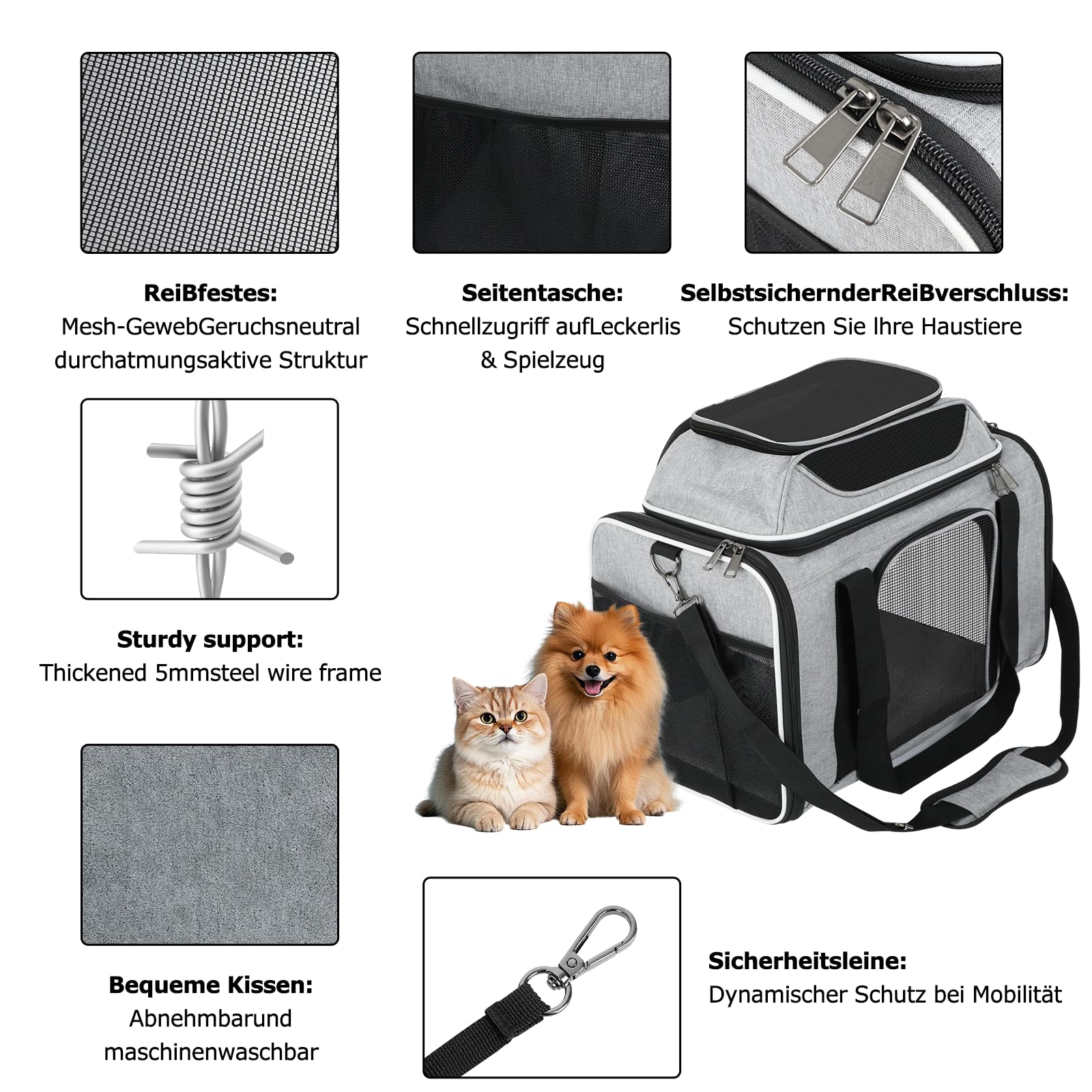 Transportbox Katzen,Faltbare Katzen Transporttasche,für Katze und Welpen bis 8 kg,Atmungsaktiv Katzen transportboxen,mit Sicherheit Reißverschlüsse,für ob Reise,Oder Tierarzttermin (Grau)