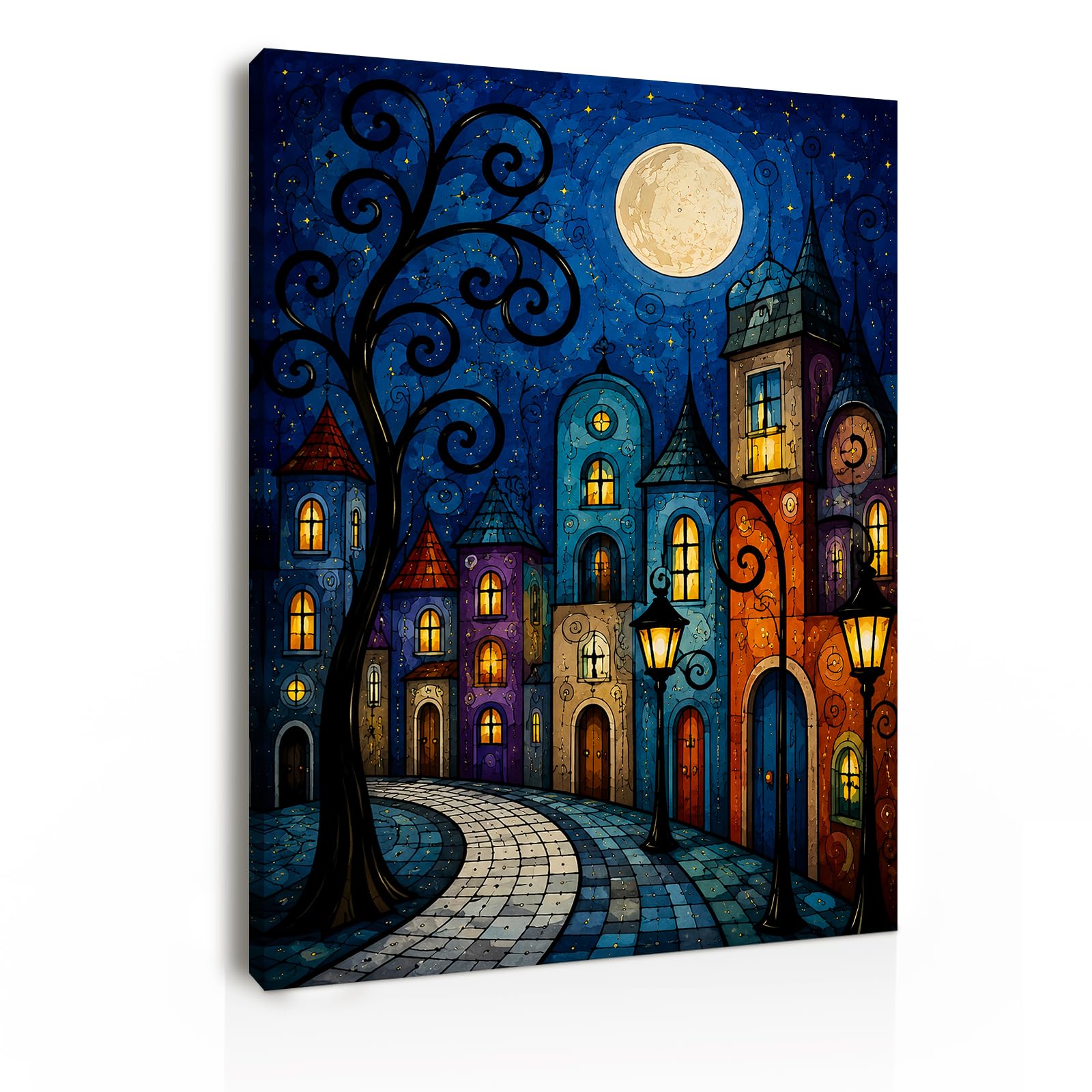 Galmcook Framed Canvas Wall Art 30x40 cm, Whimsical Moonlit Village Canvas Prints, Wall Decor Picture with Frame for Living Room Bedroom Home Office, No Drill Hanging Kit
