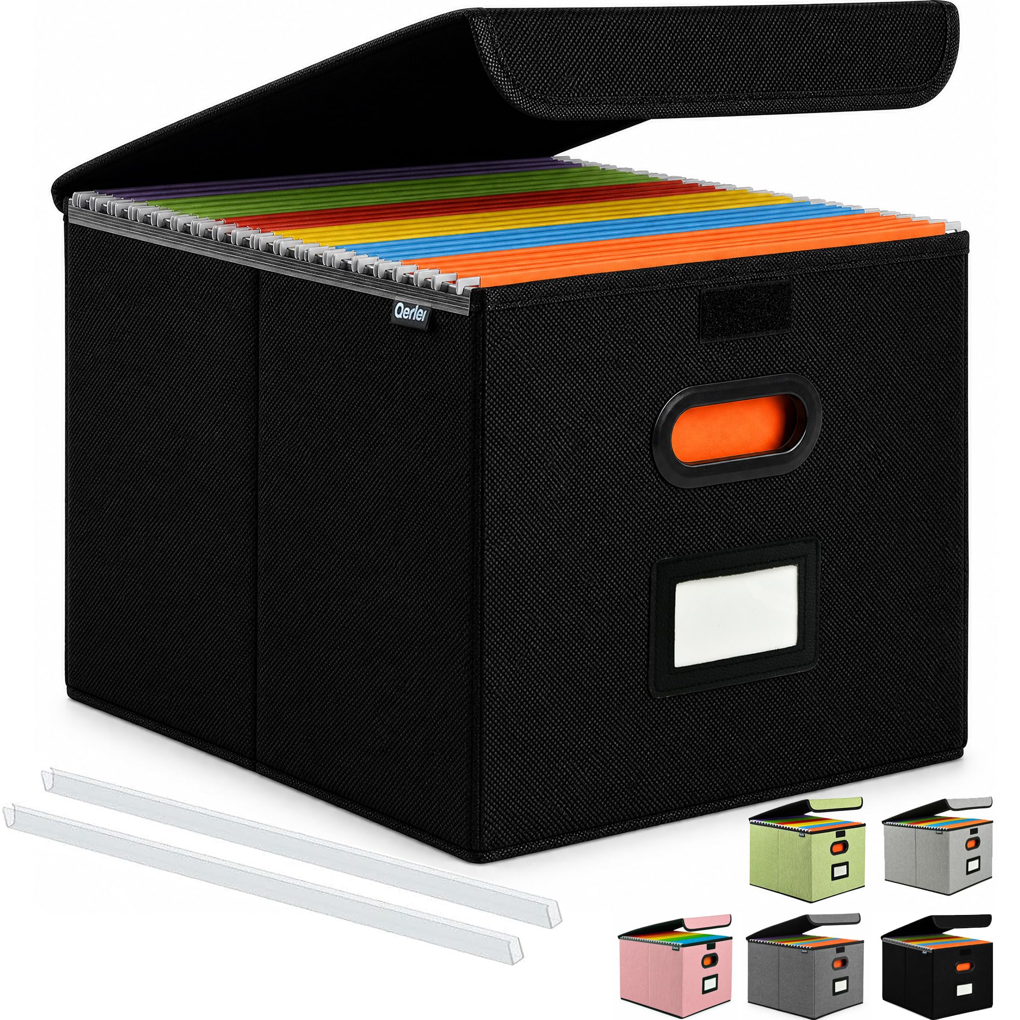 Qerlei File Organizer Boxes with Lids,Collapsible File Folder Organizer with Plastic Slide,Collapsible Filing & Storage Boxes for Office/Decor/Home (