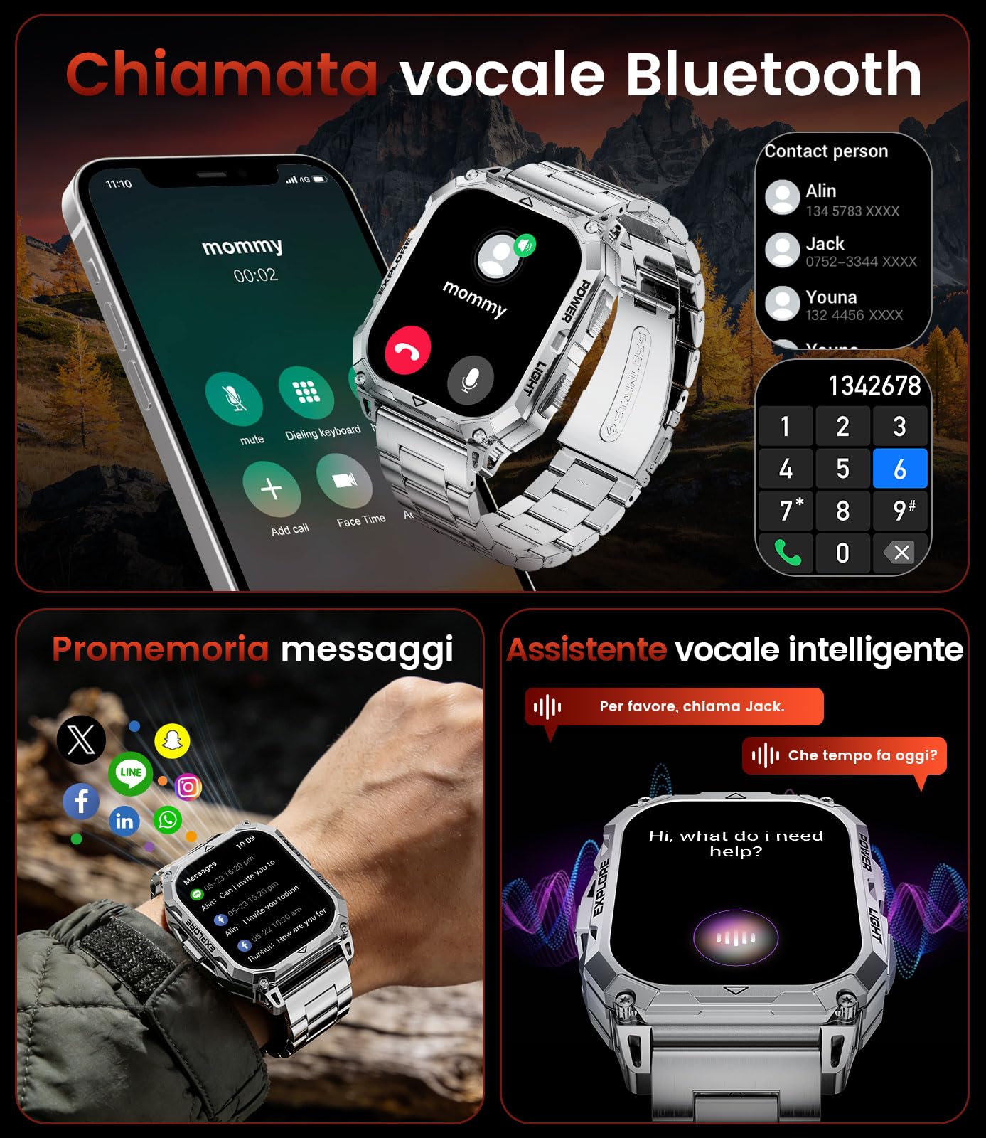 FITFLEX Orologio Smartwatch uomo,900 mAh,2,0" HD Touchscreen,IP68,Argento | 900 mAh, 2,0" HD grande touchscreen con funzione telefonica/frequenza cardiaca/monitor SpO2/sonno, 120+modalità sportive