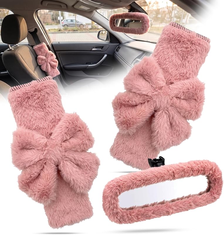 Capas de cinto de segurança com laço de pelúcia JUYQZ rosa – 3 peças