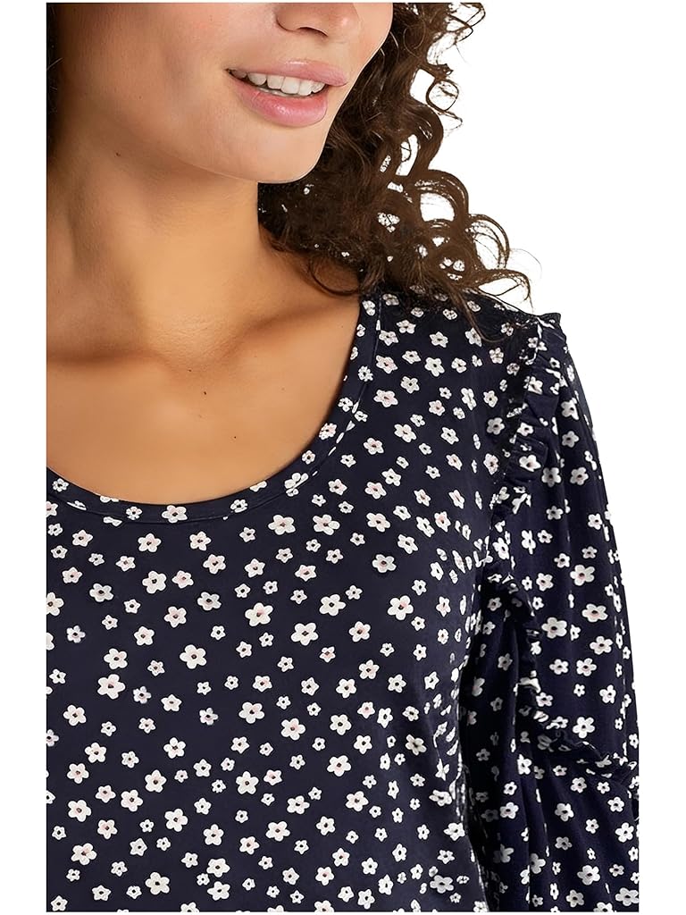 Navy Liverpool Los Angeles Mid-length Ruffle Sleeve Scoop Neck Knit Top