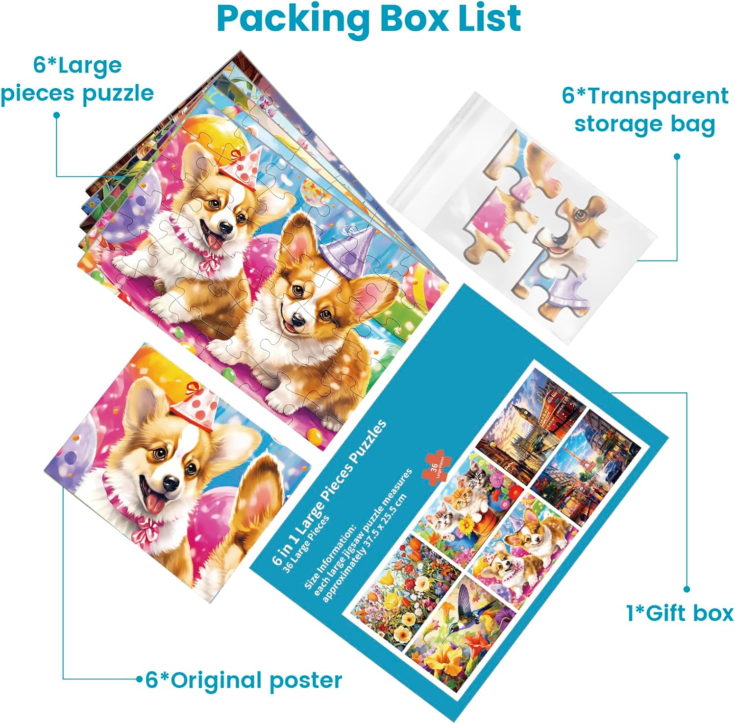 6 Packs 36 Pieces Large Puzzles for Seniors,Dementia Puzzles for Elderly Adults,Jigsaw Puzzles for Adults Seniors with Alzheimer's Dementia with 6 Storage Bags