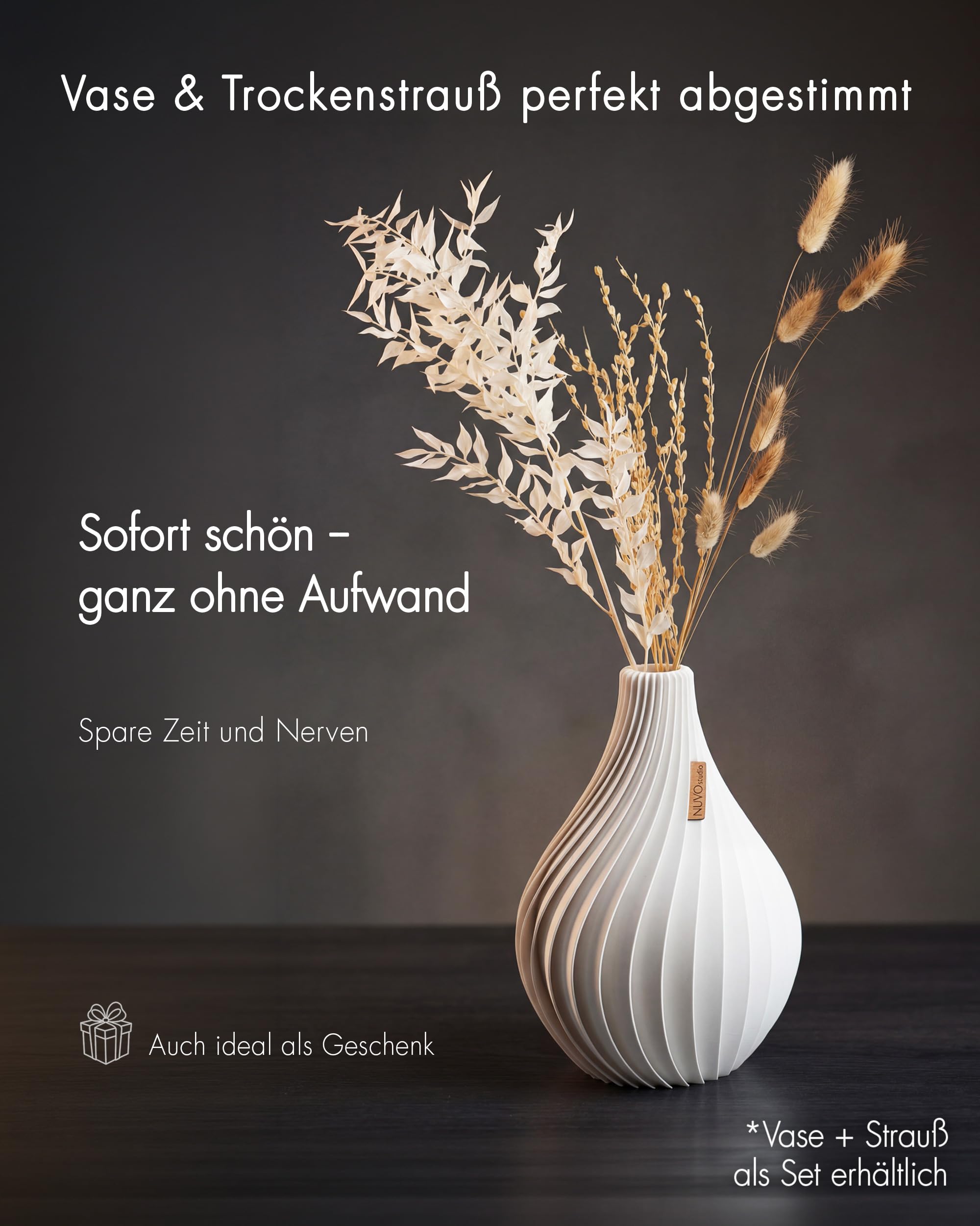Vase „Ventura“ 25cm – Set mit Strauß – Moderne Vase für Trockenblumen & frische Blumen – wasserdicht – nachhaltig & 3D-gedruckt in Deutschland (Champagne, L, Set mit Strauß)