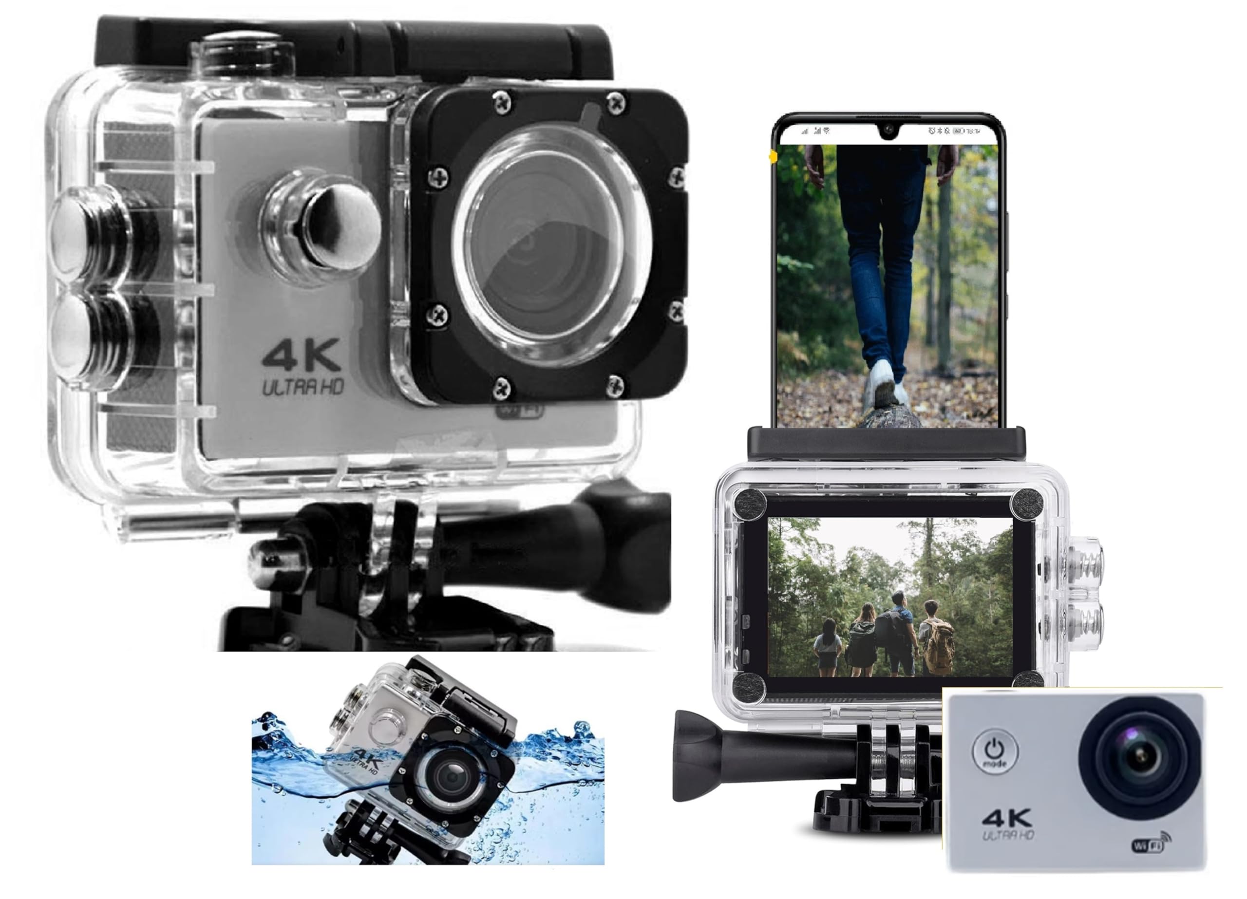 Cámara Deportiva y Accion 4K 30FPS, 20MP, Sumergible, Resistente al agua, Videocámara de Casco, WiFi con EIS Antivibración, Cámara Subacuática Buceo 30M con Micrófono Integrado, con Accesorios