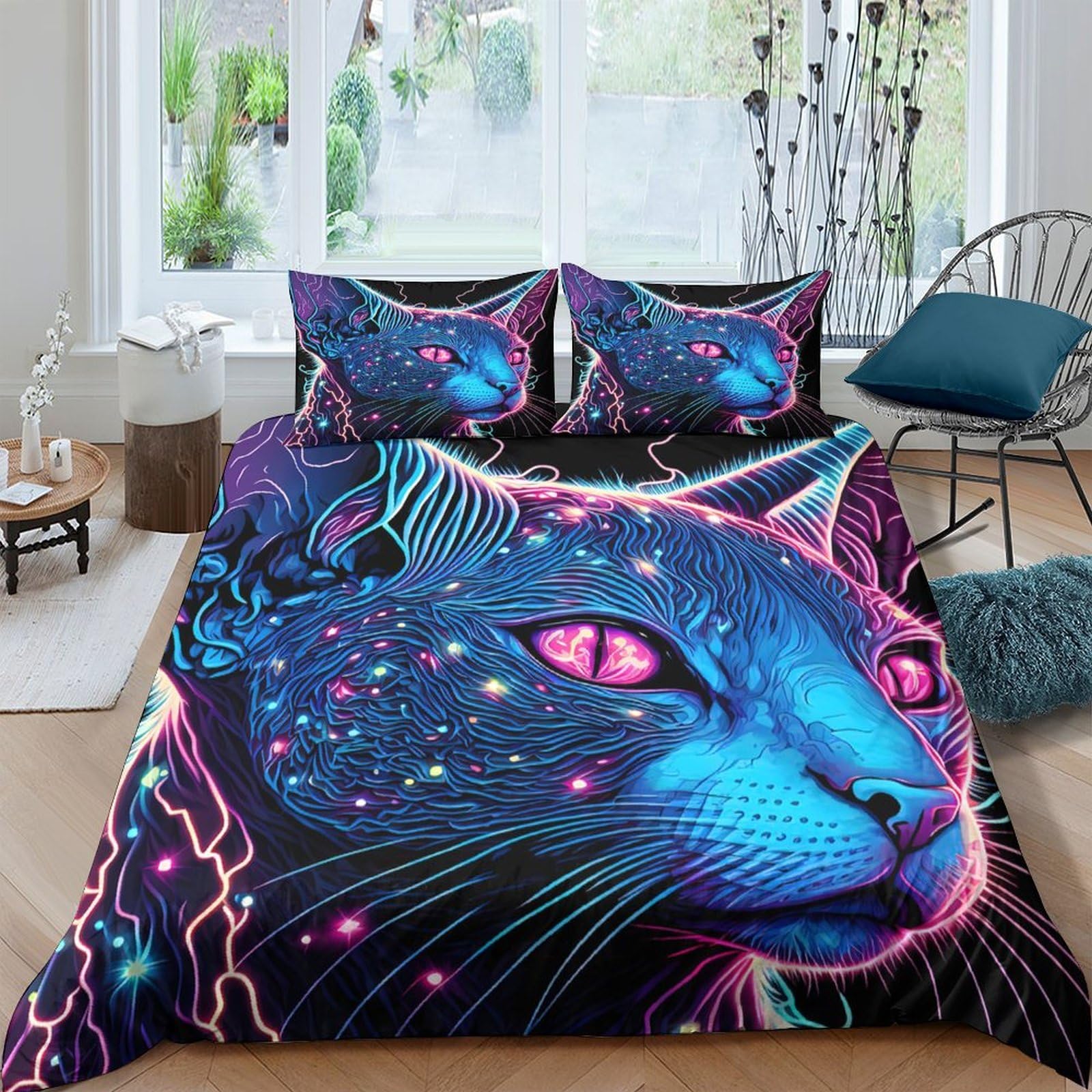 Ctjqhvkz Style-8 3D Printed Neon Blue Cat Fitted Sheet Microfiber Soft Anti-Slip Cosmic Fantasy Bed Cover For Bedroom Dorm Mattress Decor Single（135X200cm）