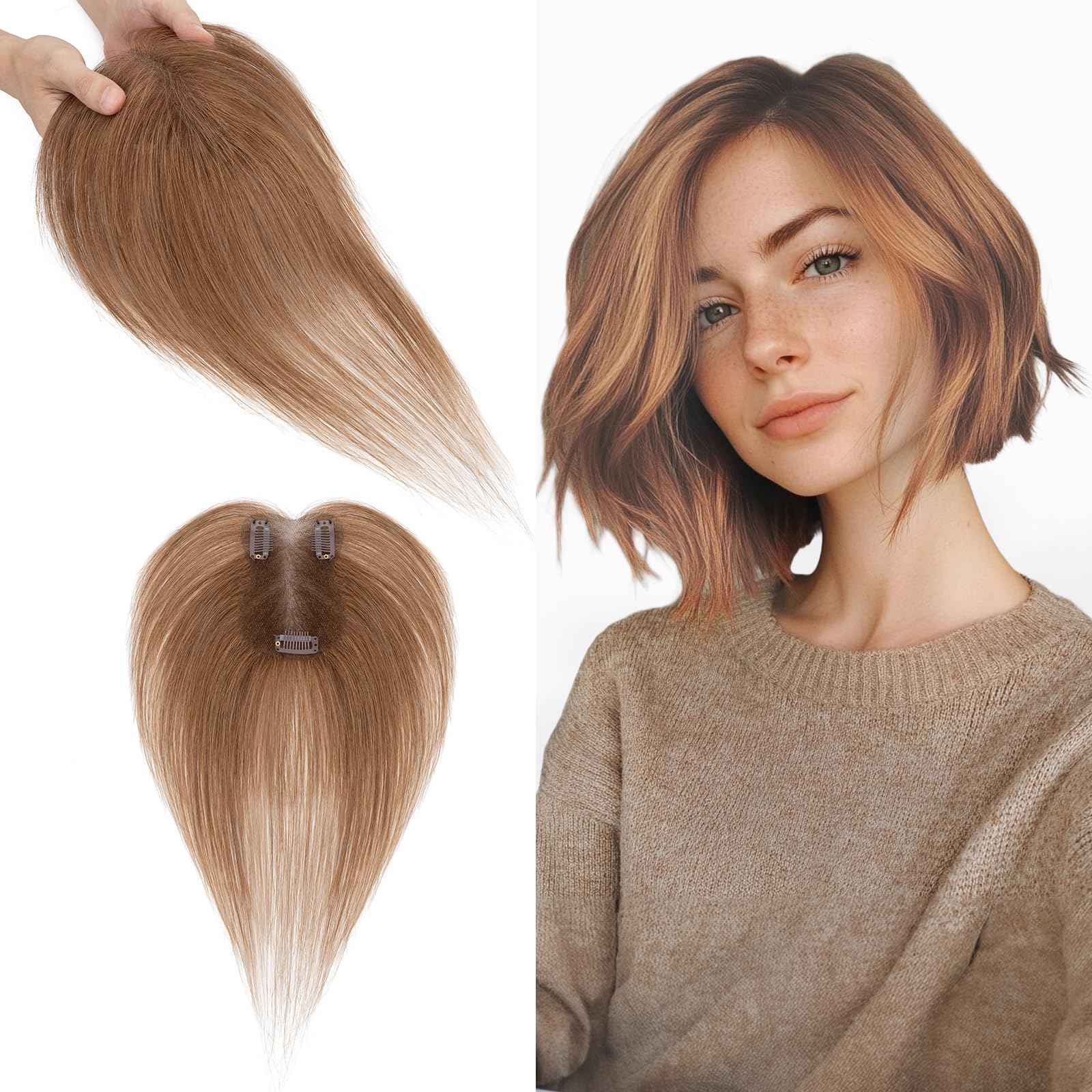 S-noilite Hair Toppers for Women Human Hair with Side Bangs - 7x11cm Hand-stitched Base 360° 3D Coverage Natural 14g (Light Brown #6)