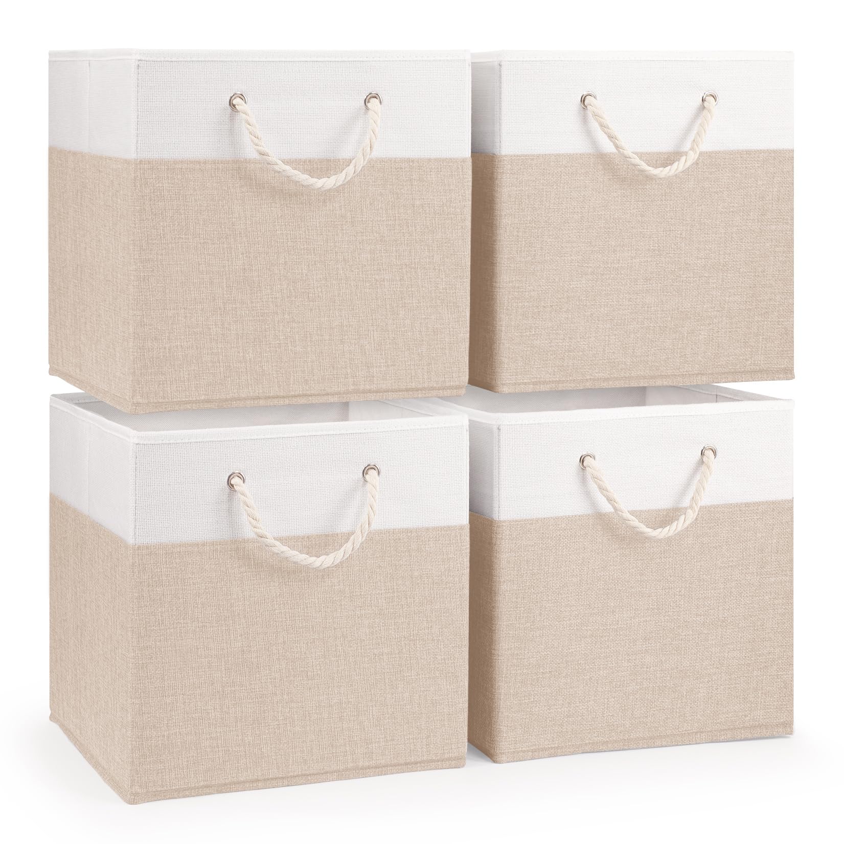 woodluv Storage Cube Boxes Large, Set of 4 Foldable Storage Basket for Cupboards, Shelves, Closet, Set of 4, Beige, 30 x 30 x 30 cm