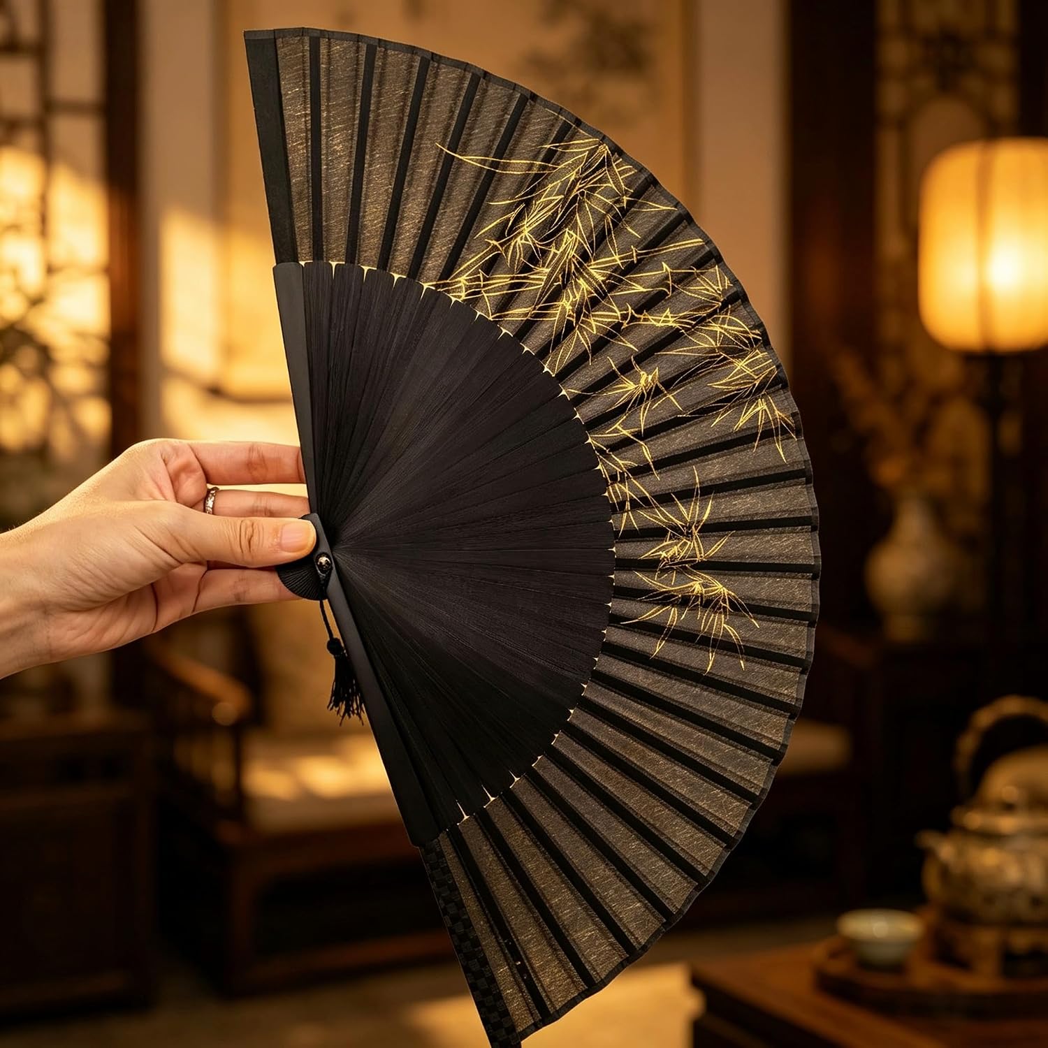 Black Bamboo Handheld Silk Folding Fan with Bamboo Frames 8.66"(22cm) Chinese/Japanese Style Hand Fan for Dancing Cosplay Wedding Party Props Decoration, Birthday Gift (Black Bamboo)