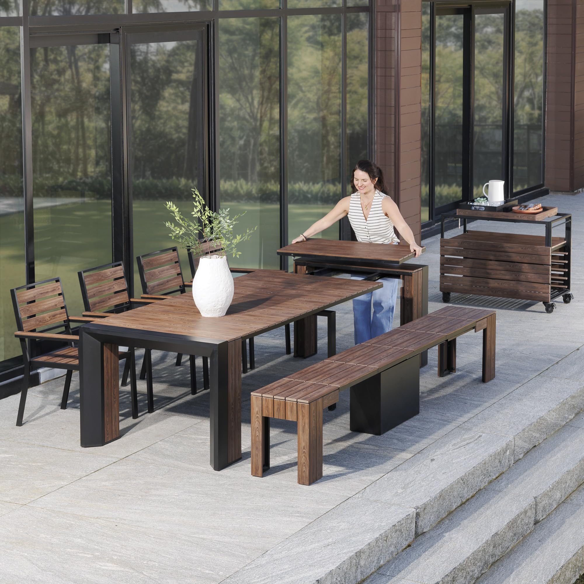 Transformer Table Outdoor Patio Furniture Set for 4 to 12, Expandable Outdoor Table and Chairs Set of 4 with Dining Bench, Weather Resistant Patio Table with Bar Cart, Chairs & Bench