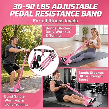 Upgraded Multifunction Pedal Resistance Band with Handle, 3 Tube Adjustable Resistance Bands for for Women Men Home Use,Sit Up Exercise Equipment for Abdomen Waist, Arm, Core/ABS, Leg Workout