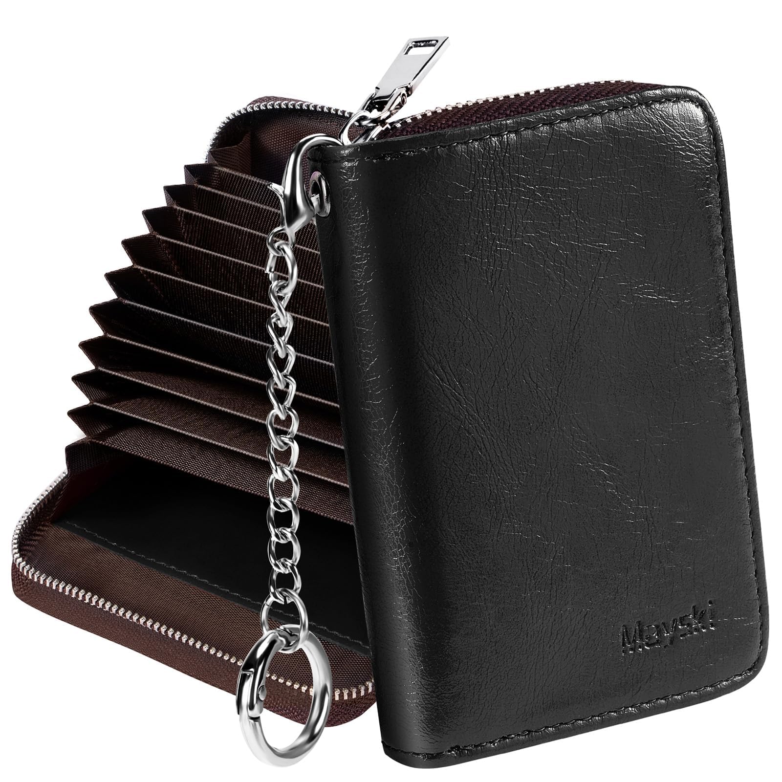 Mayski Credit Card Holder, Zipper Credit Card Wallet for Women, Small Accordion Card Cases Holder, KeyChain Wallet, Business Card Holder, Dark Black