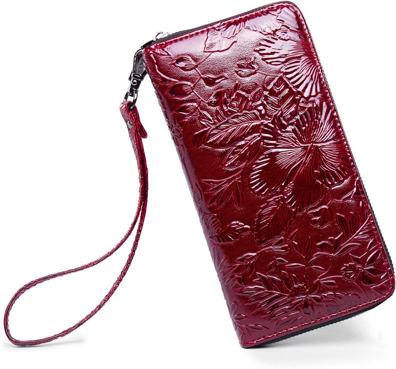 Women Deep Red Flower Wallet Zip Around Clutch Large Travel Purse (PU-Flower-DRed)