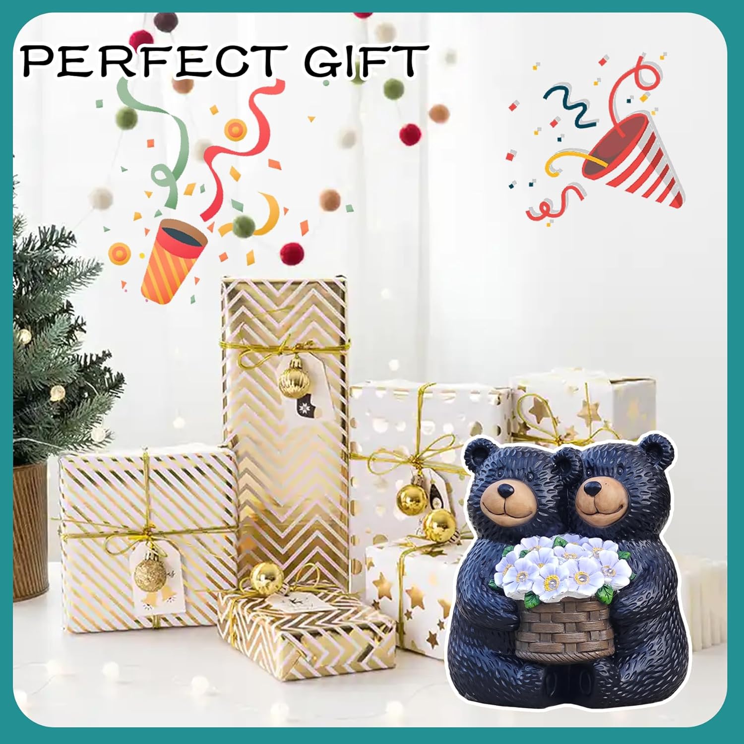 Solar Twins Black Bear Garden Statues with Purple LED Flowers - Resin Outdoors Decor for Patio Lawn Balcony Yard Figurines - Unique Christmas Birthday Gifts for Mom Grandma Wife Sister