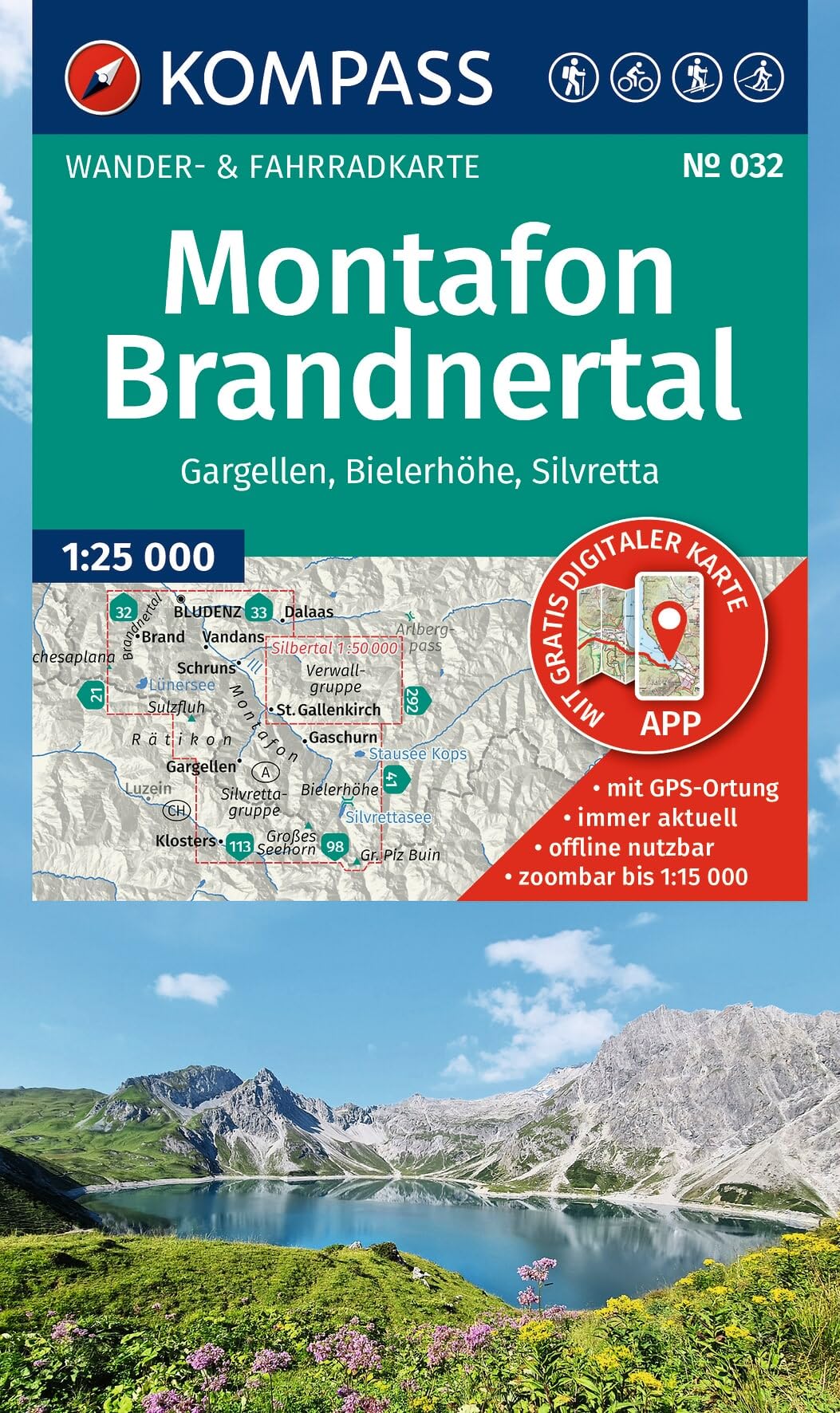 KOMPASS Wanderkarte 032 Montafon, Brandnertal, Gargellen, Bielerhöhe, Silvretta 1:25.000: Wander- und Fahrradkarte in einem - inklusive ... Radwege. Skitouren. Langlaufen. Reiten.