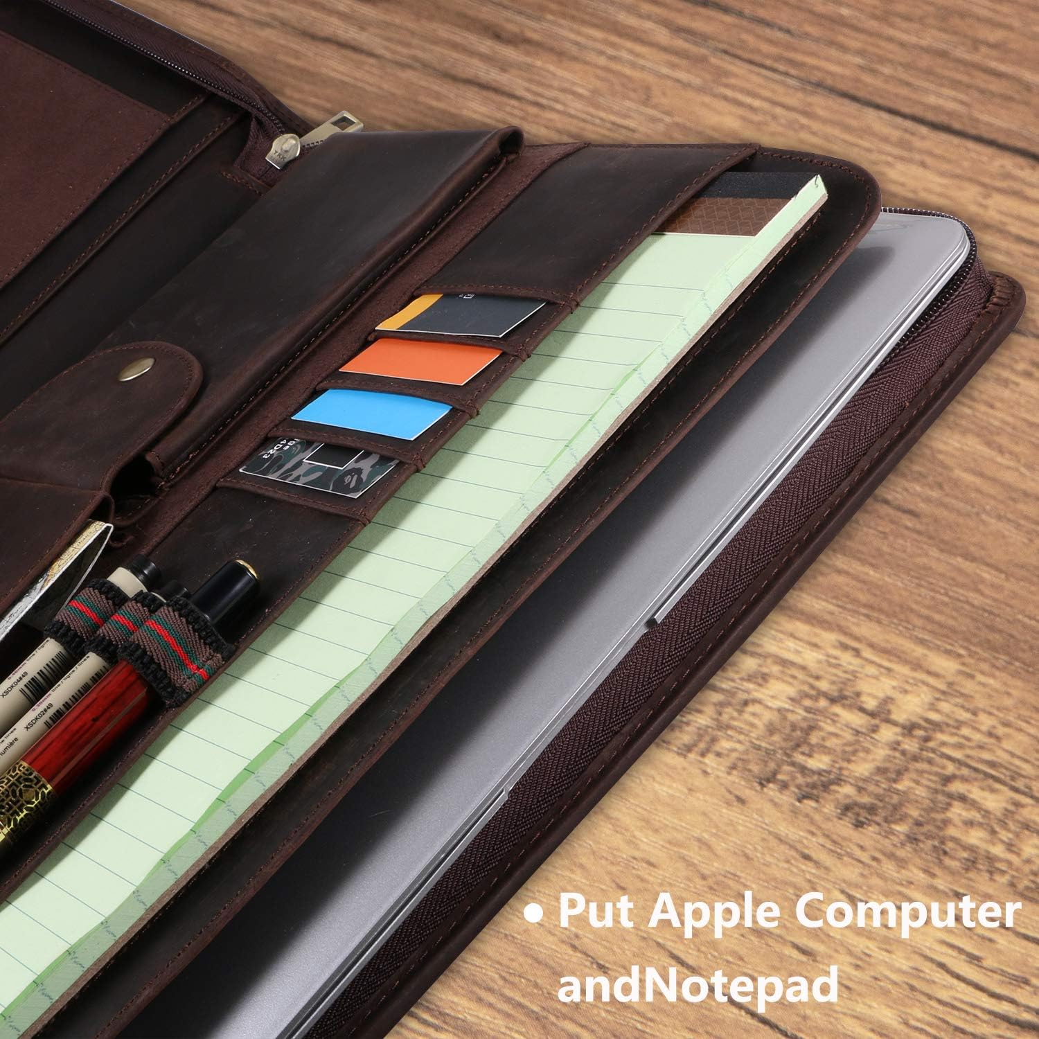 Handmade Crazy-Horse Leather Padfolio Portfolio, Easy to Carry with A Zippered Closure, Business Organizer Tablet Folio Folder with Letter Size Notepad, Gift for Women & Men (Dark Brown) : Office Products