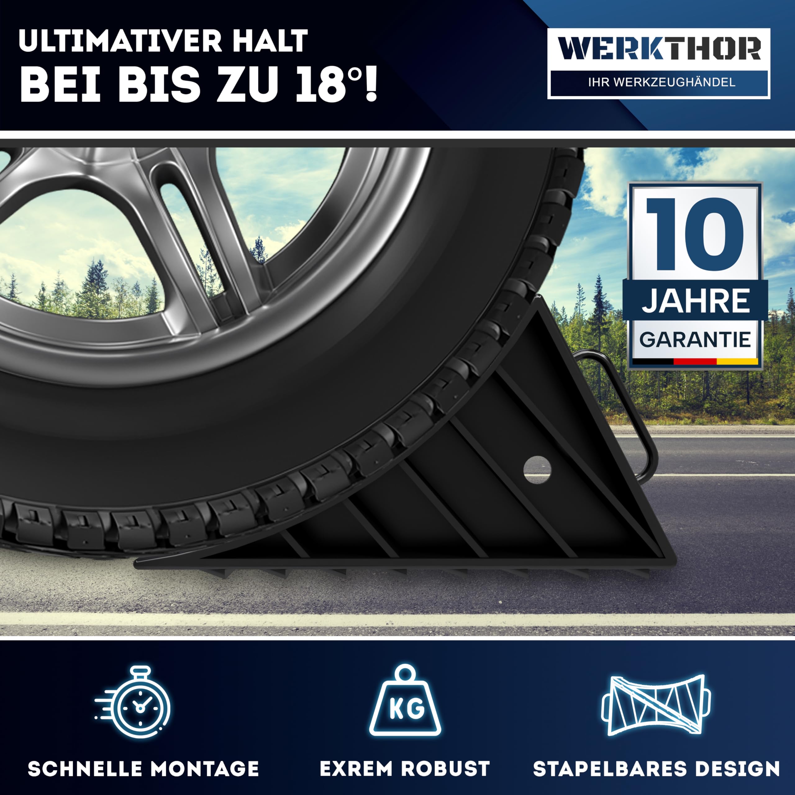 WERKTHOR Calzos de Rueda con Soporte [Juego de 2] y Material de Fijación - Calzos de Rueda para Remolques de hasta 1600kg de Carga por Eje - Cuñas Accesorios para Remolques de Coches
