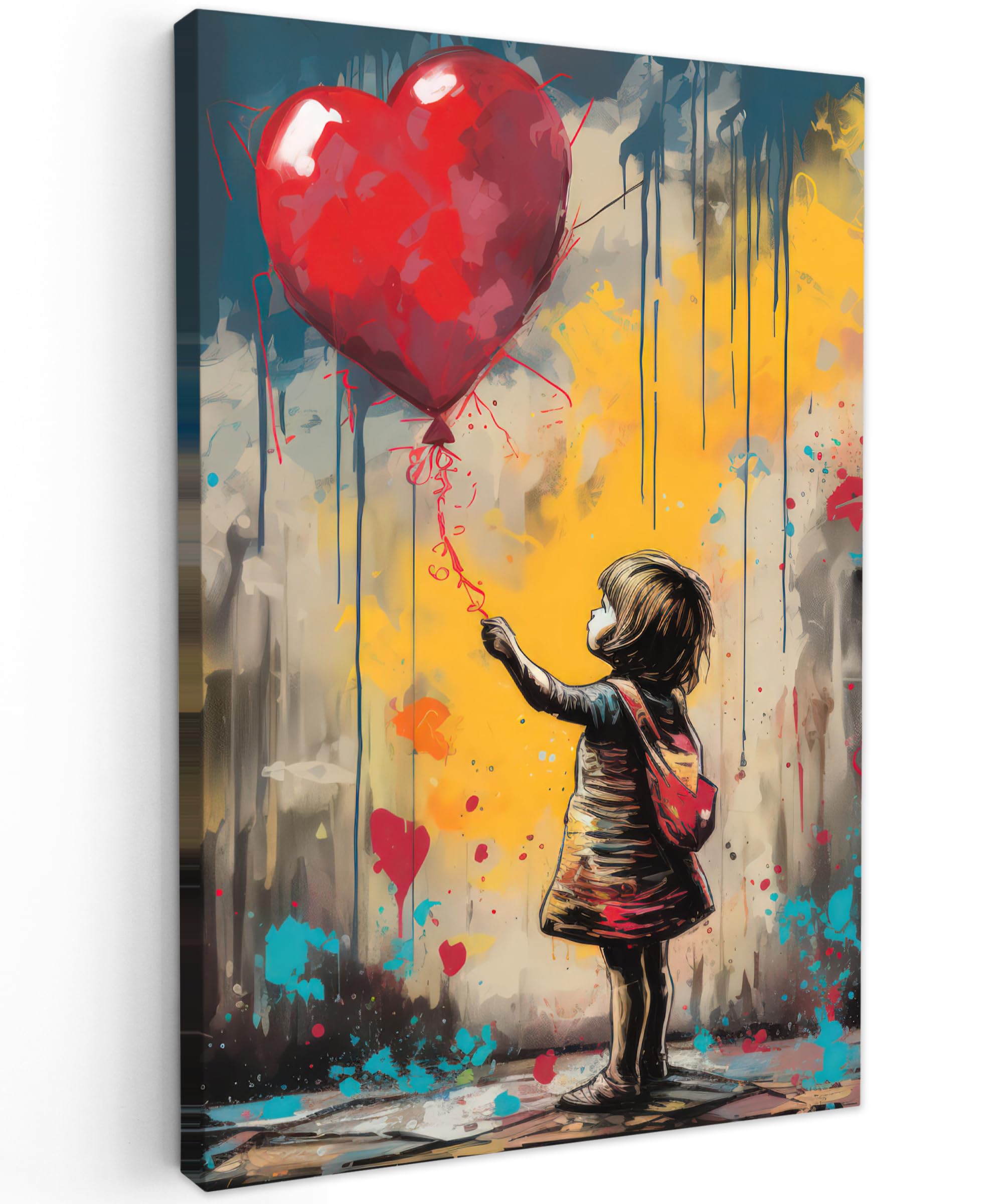 MuchoWow© Canvas Wall Art 24"x35" / 60x90 cm Decor Paintings Prints framed on Canvas Decorations Wallart Girl - Balloon - Heart - Graffiti