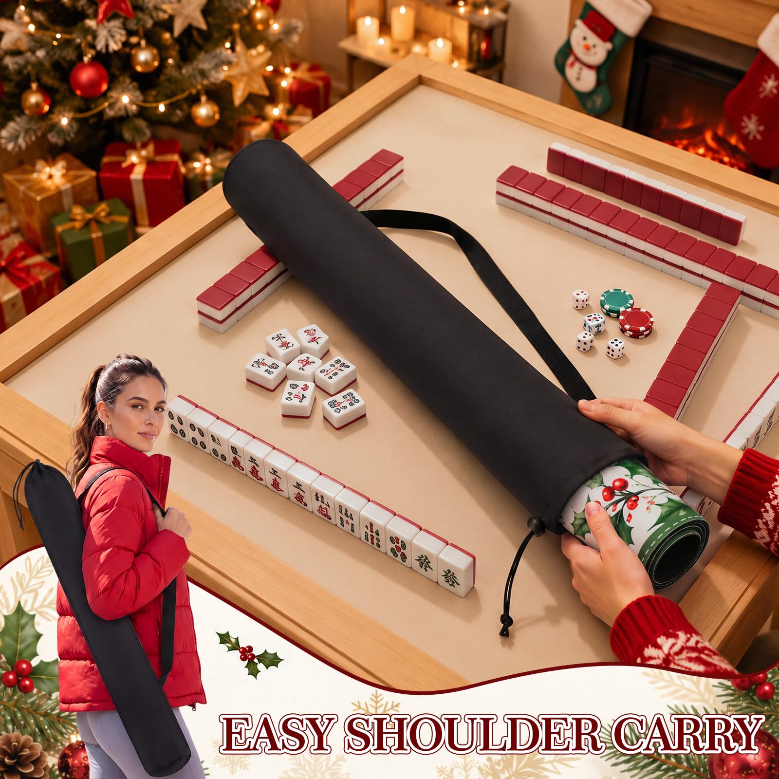 Juego de alfombrillas de Mahjong de Navidad con bolsa de