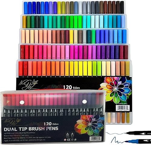 NextG Artz - Rotuladores de doble punta, 120 colores brillantes únicos, punta fina y punta de pincel para amantes del arte, libro de dibujo para