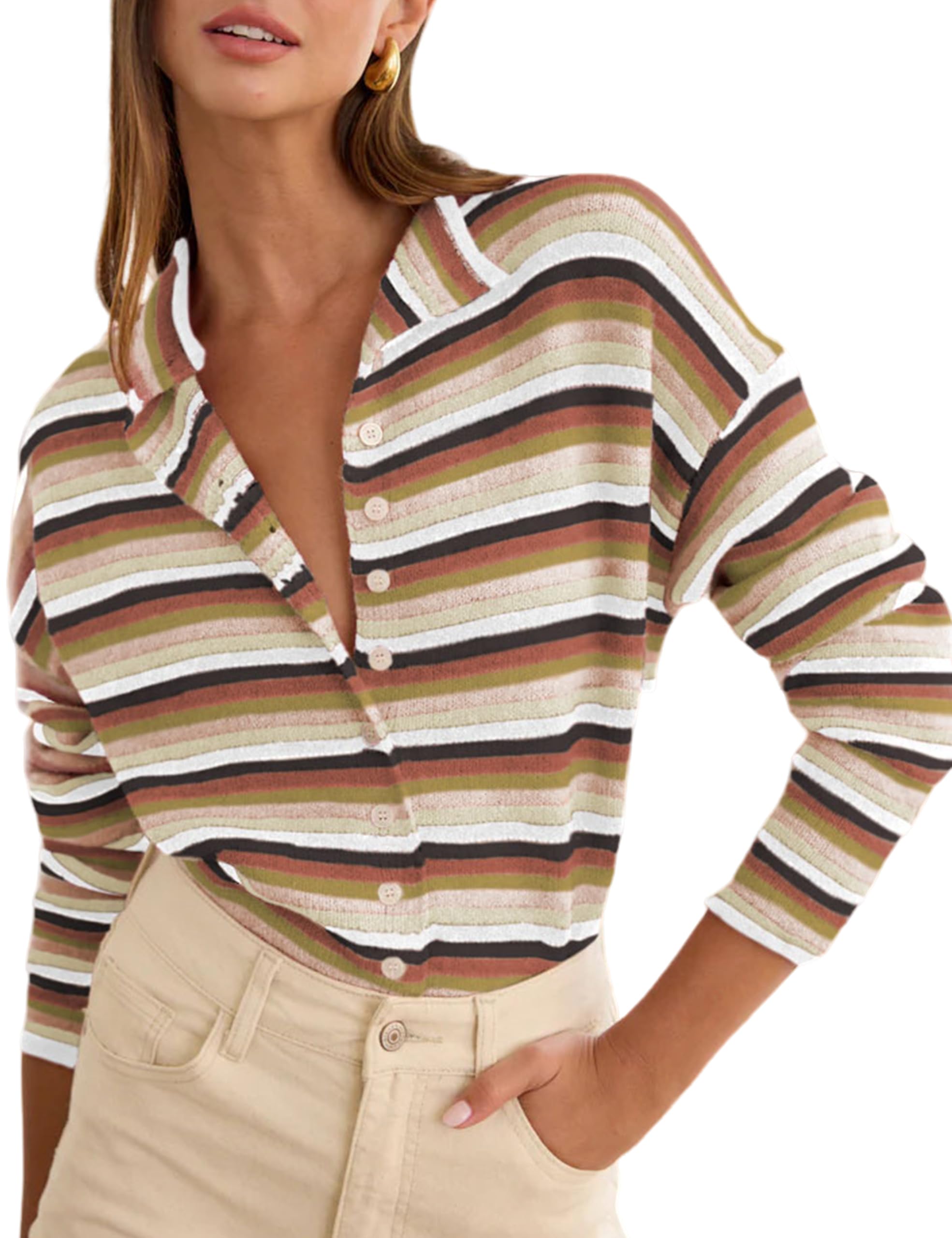 Lviefent Womens Striped Cardigan Lightweight Sweaters Crew Neck Button Down Long Sleeve Casual Knit Cardigan
