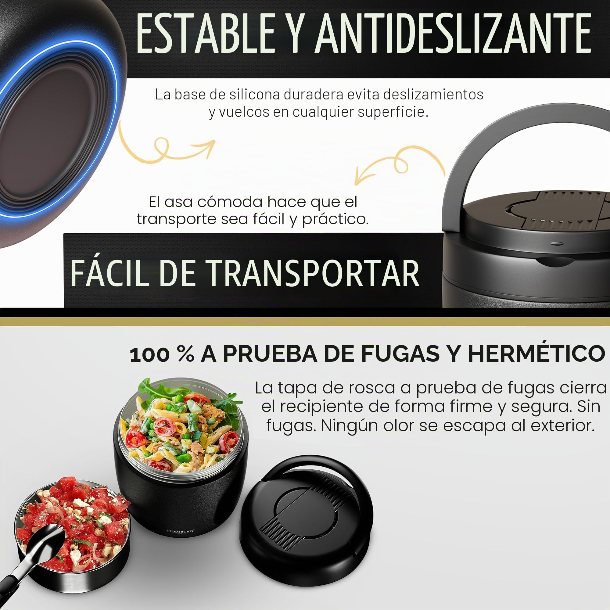 Heemburg Recipiente térmico para alimentos, Henkelmann de 1 L, acero inoxidable, doble pared aislada, fiambrera para mantener el calor para comidas, sopa, almuerzo, para oficina, trabajo y viajes