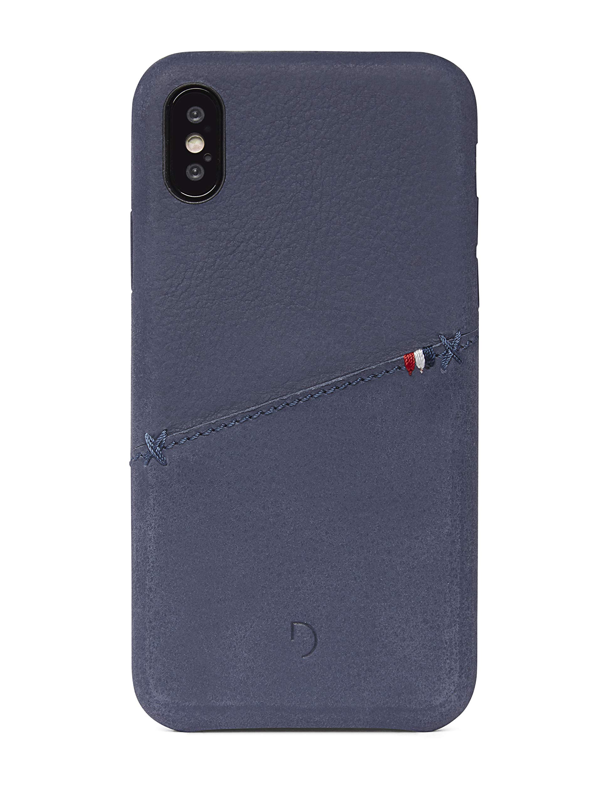 Decoded Back Cover Card Case iPhone X, Premium Full-Grain Leather + Shock Proof TPU + Leather Buttons + Card Holder + Snap On - (Indigo Blue)